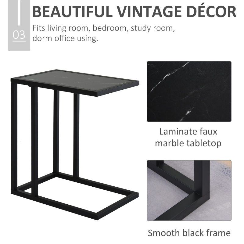 C Shape Bedside Table, Metal Frame Snack End Table, Marble-Effect Top, Black