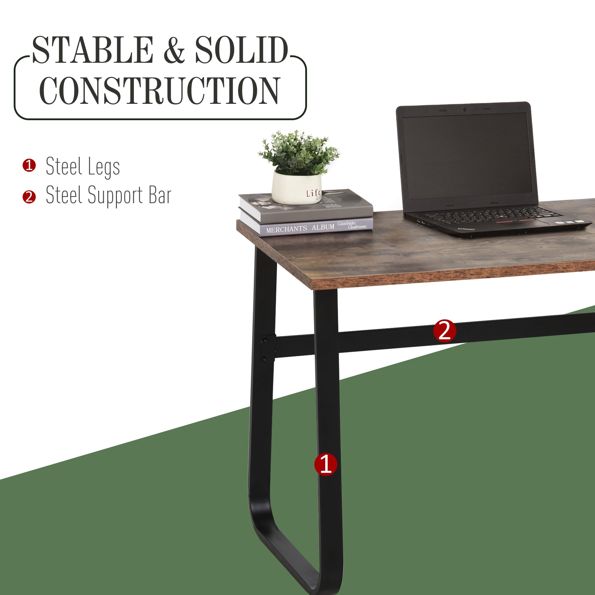 Computer Table Writing Desk, Steel Frame Wood Top, Rustic Brown and Black