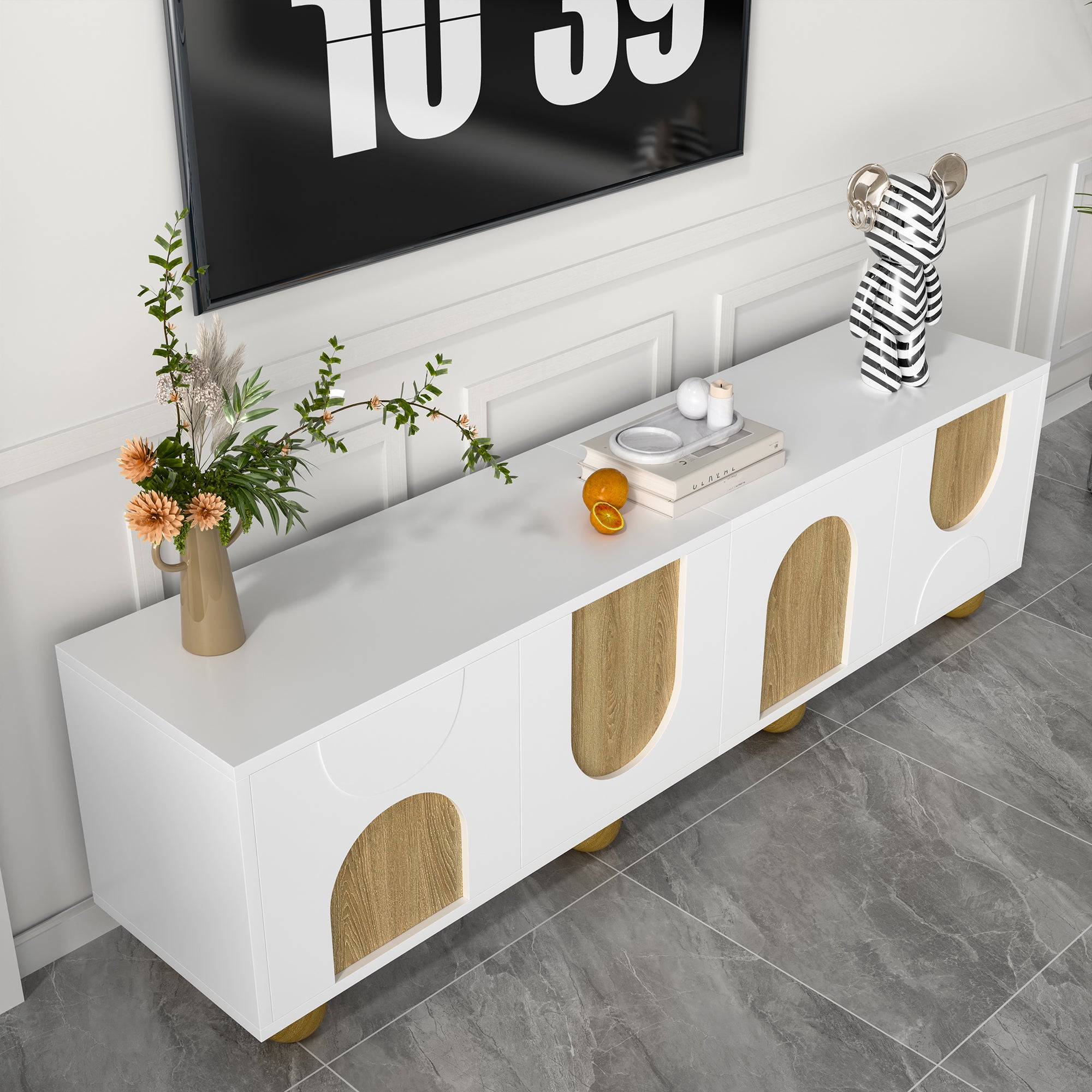 TV Cabinet with Four Doors, Low Stand, Vintage Wood Grain