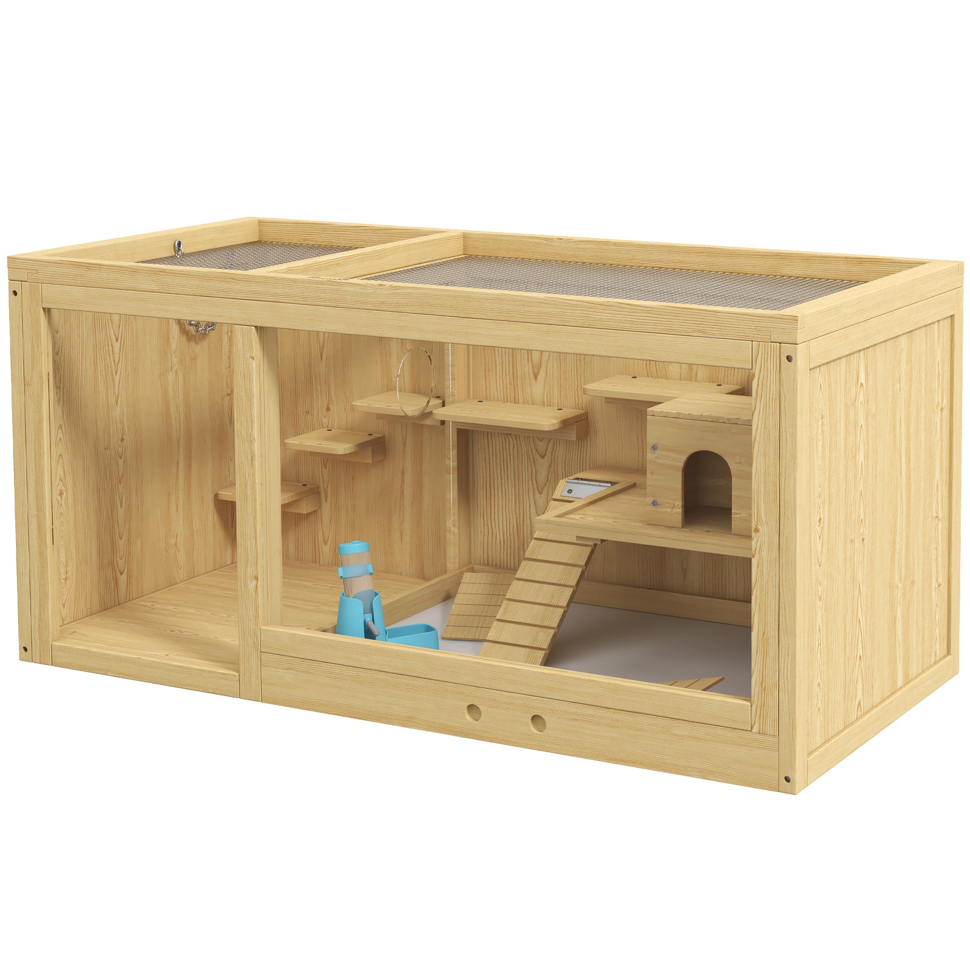 Hamster Cage, Playhouse Gerbils Swings Ladders Opening Roof, Natural Wood