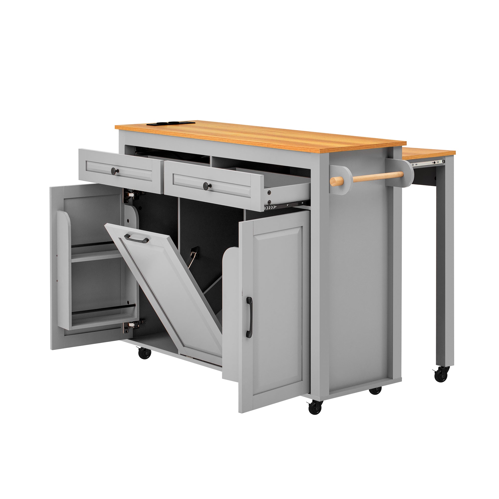 Kitchen Island on Wheels Extendable Worktop Waste Bin Power Strips - Grey