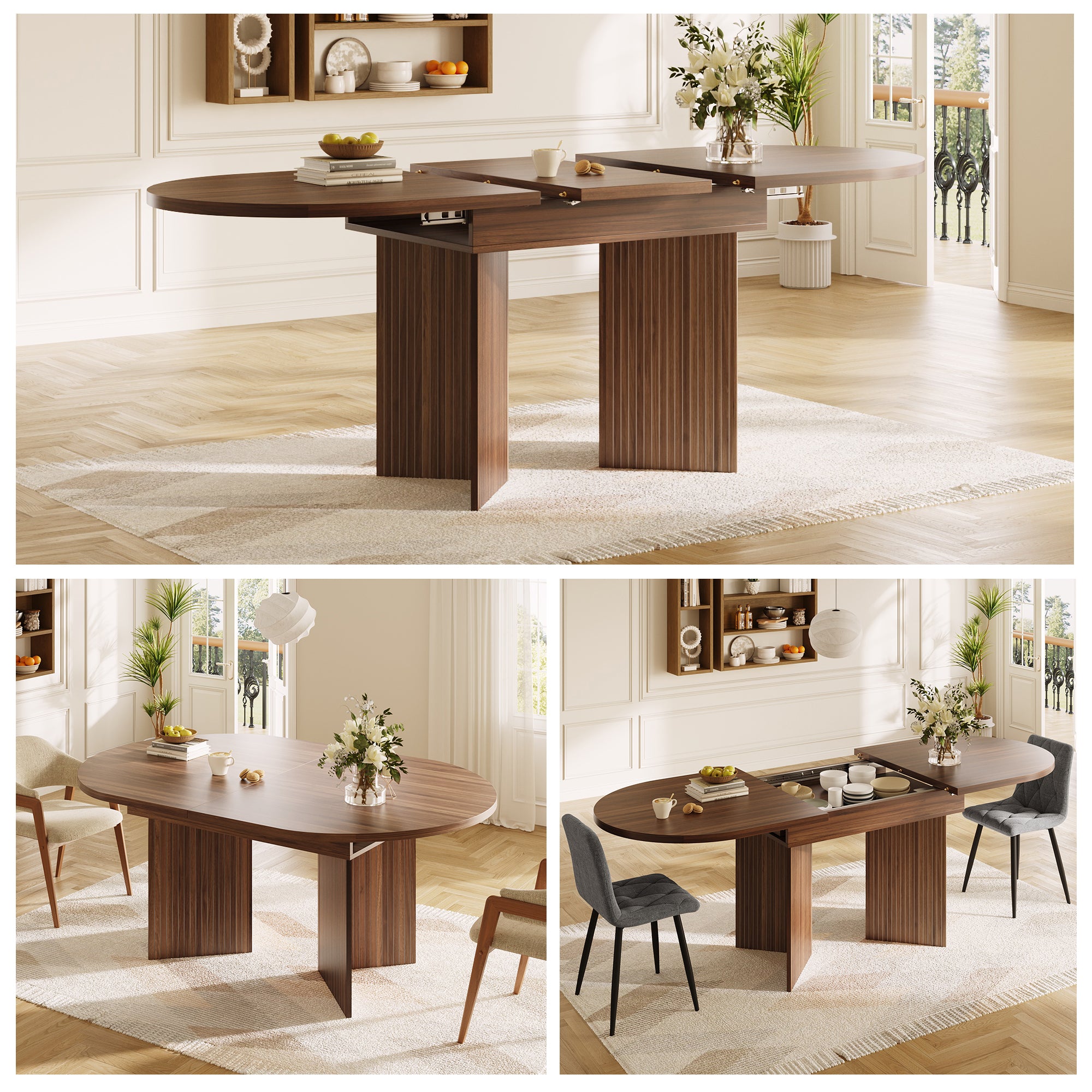Extendable Dining Table with Internal Extension Leaves, 120-160 cm, Walnut Wood Finish