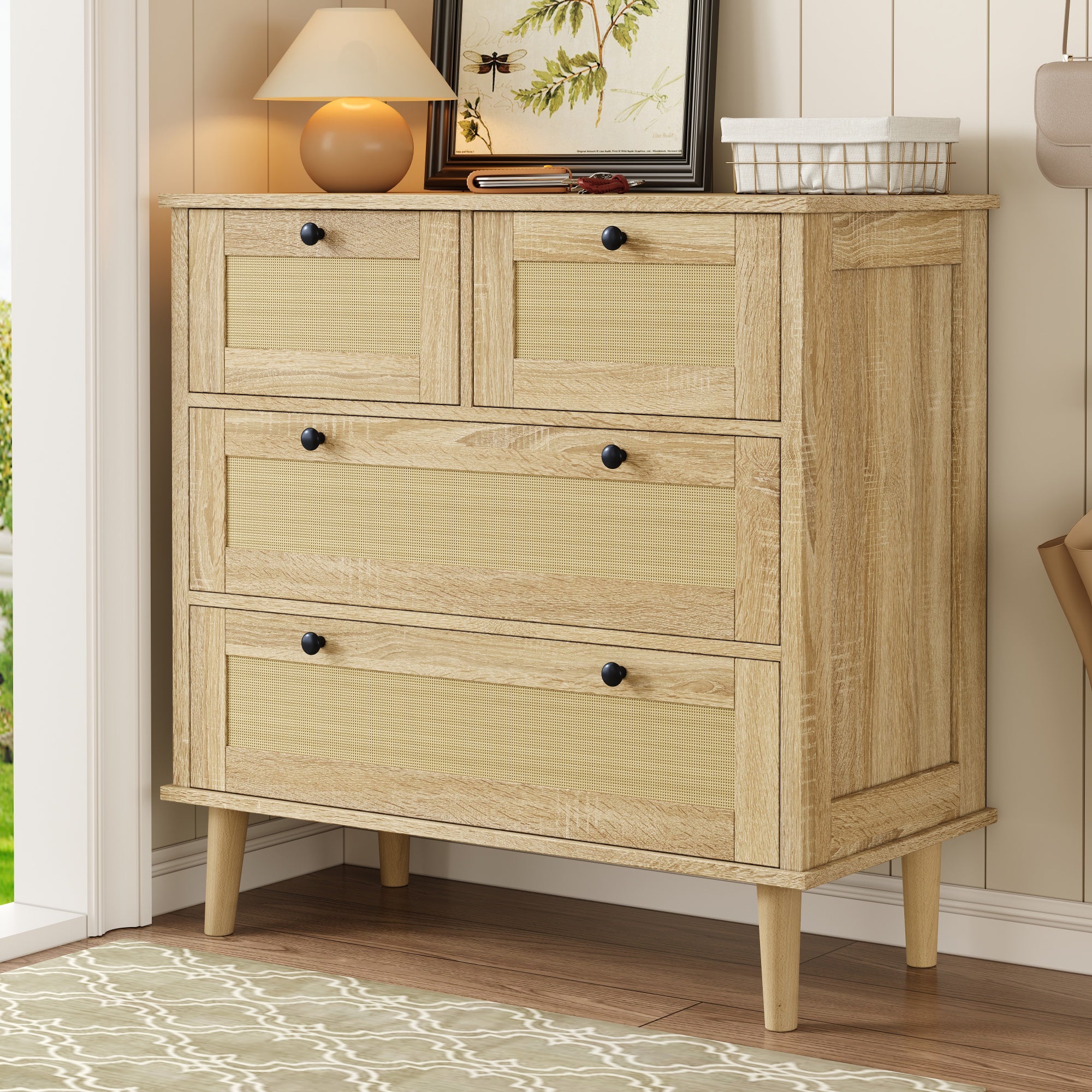 Chest of drawers with four drawers, rattan, solid wood