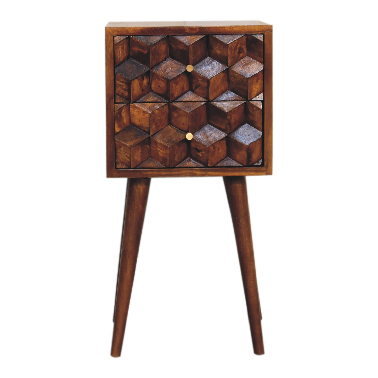 Solid Wood Mini Chestnut Cube Bedside, 2 Drawers, Dark Brown