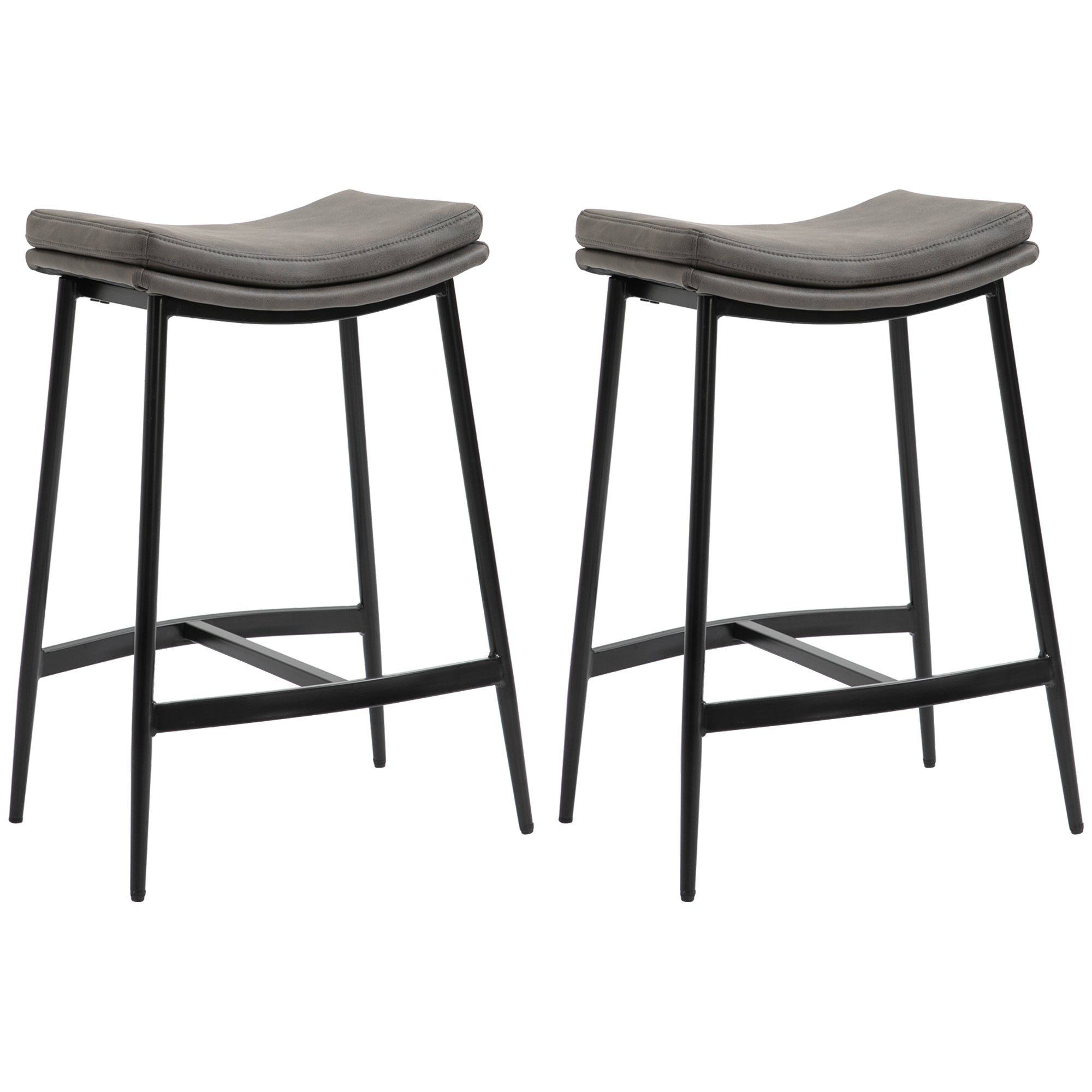 Breakfast Bar Stools Set of 2, Industrial Curved Seat Steel Frame, Microfibre Upholstered Grey