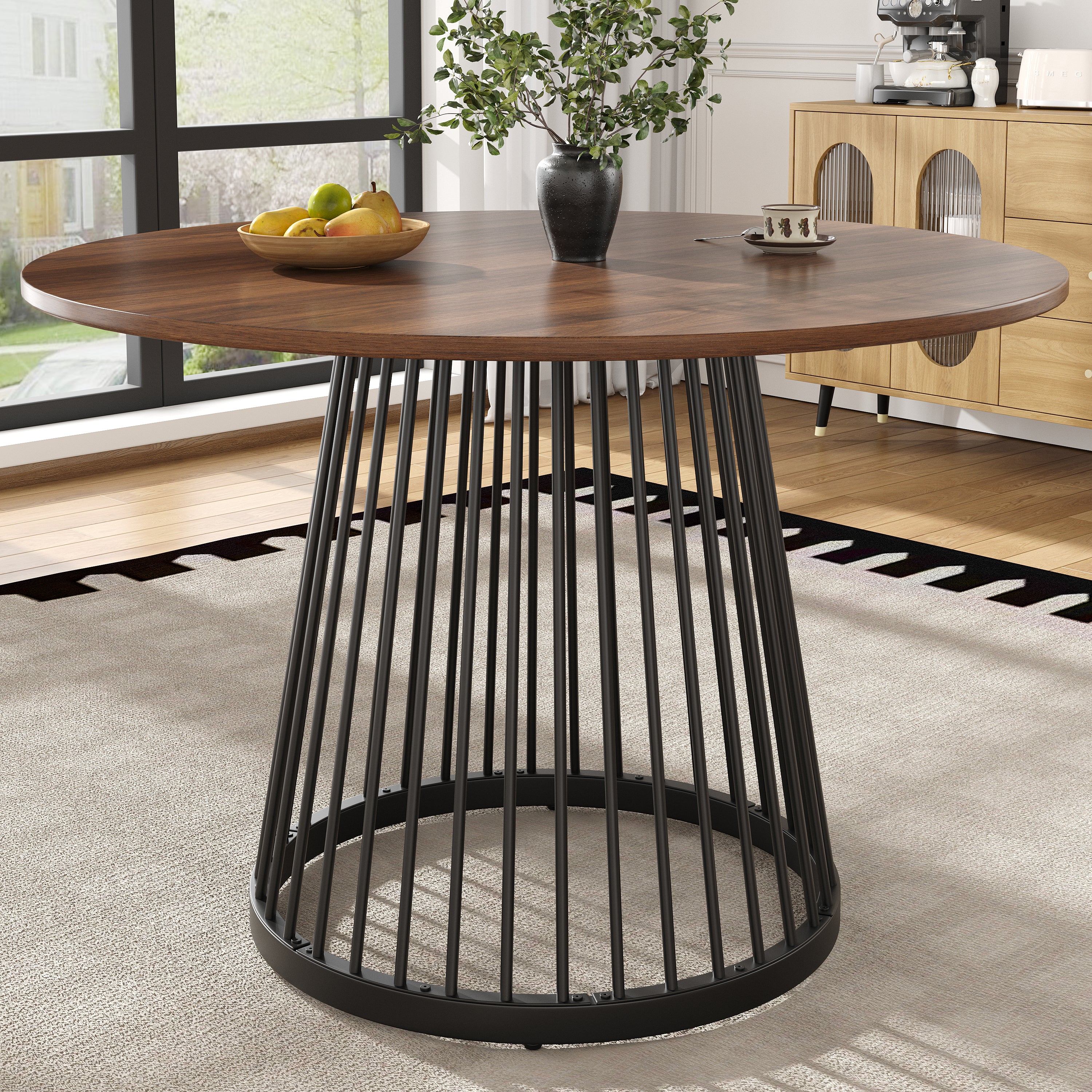 Round Dining Table, kitchen coffee table for 4, walnut-colored and black