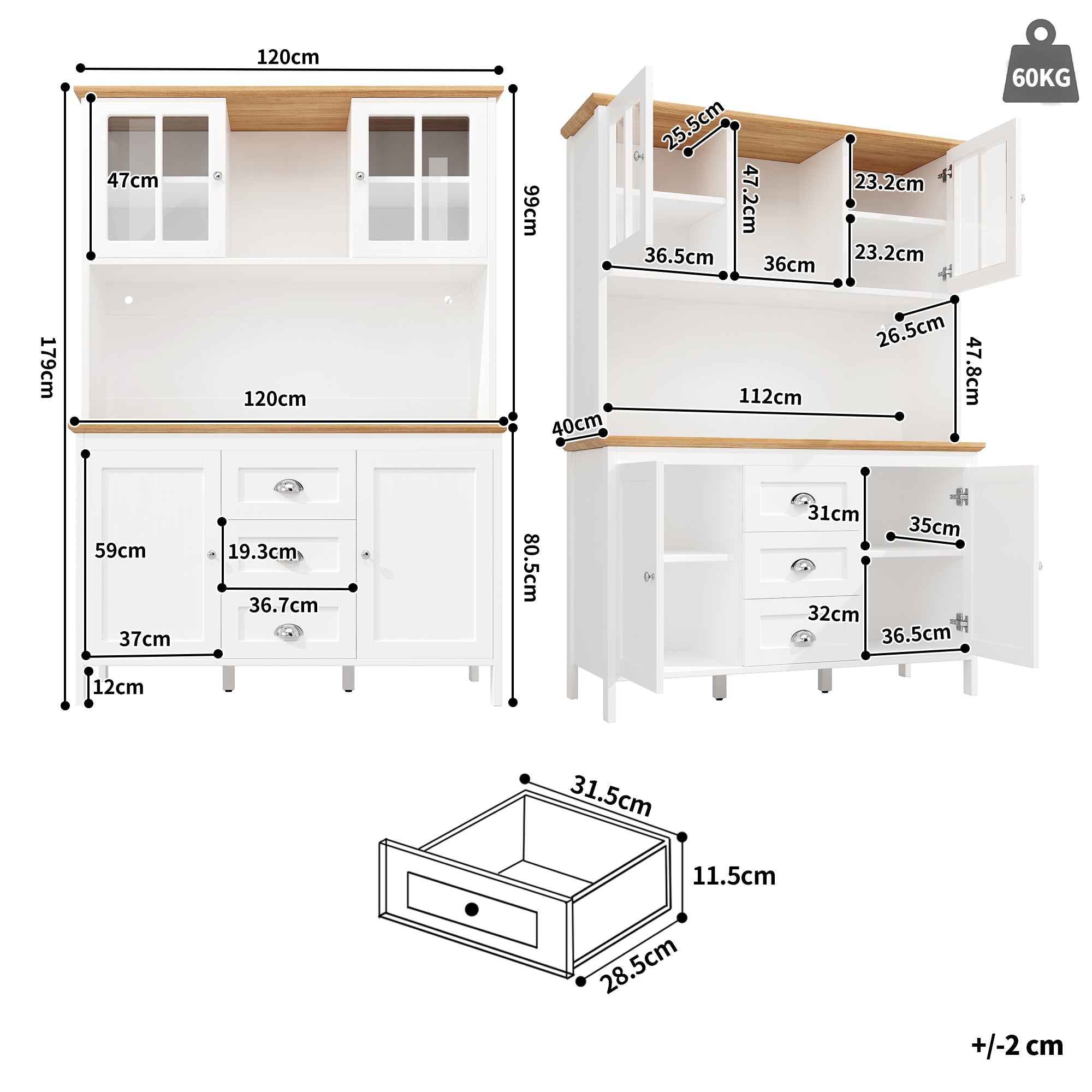 Tall Sideboard Cabinet with LED Lighting and 3 Drawers, White and Black
