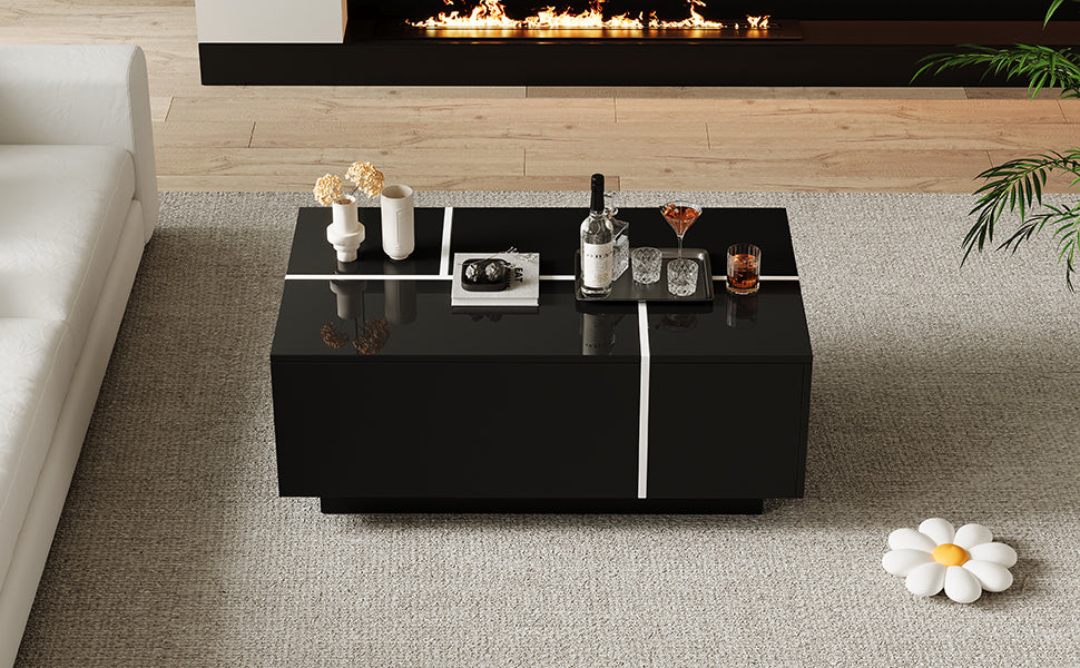 Coffee Table, Modern Square with 4 Drawers & Sliding Top, Black High-Gloss
