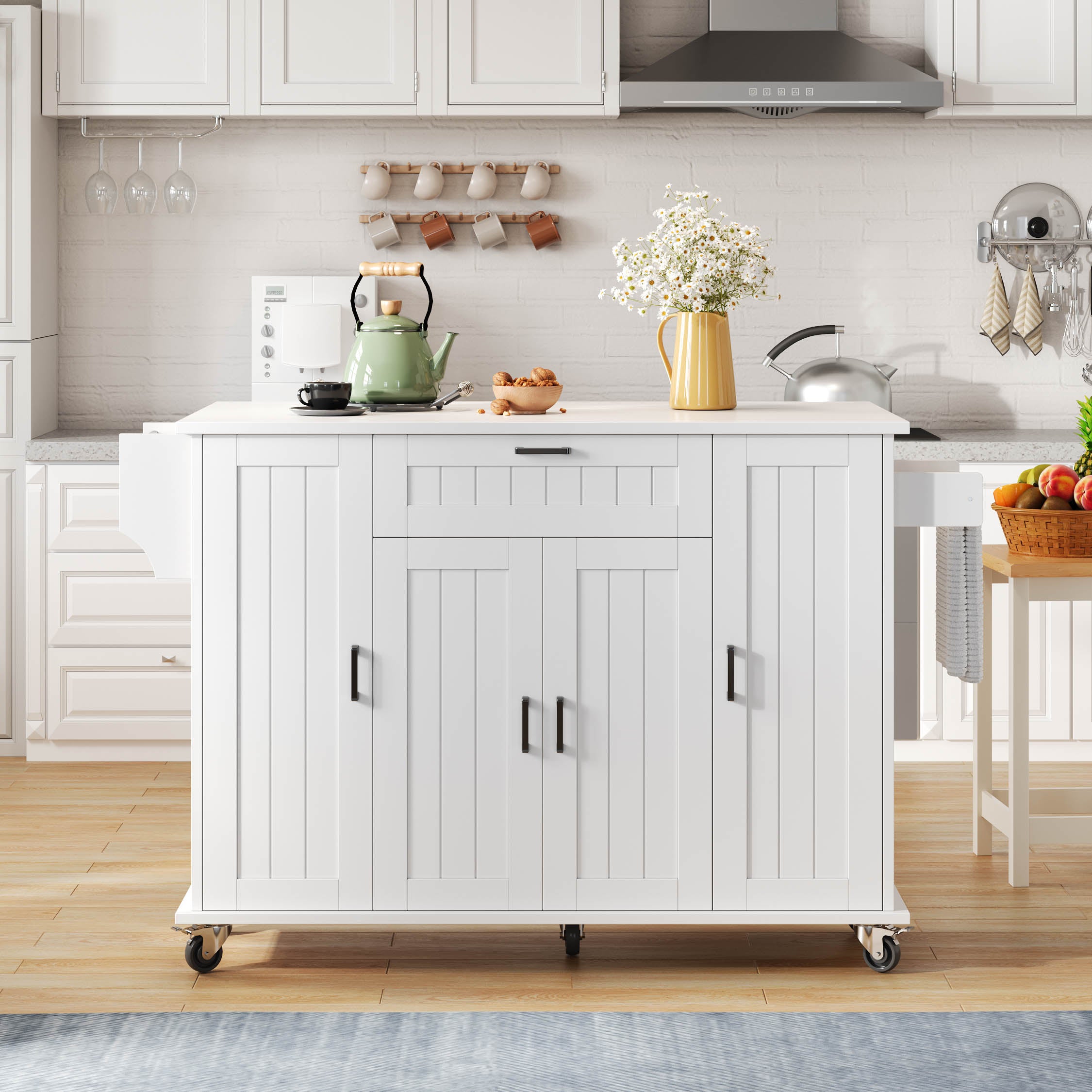 Mobile Kitchen Island Folding Worktop, Cabinet Storage, Spice Racks & Towel Rails - White