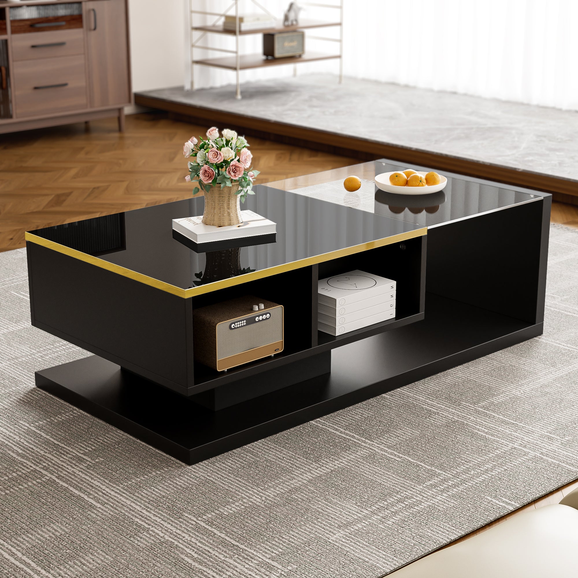 Coffee Table 100cm Long Glass LED Effect High-Gloss Black