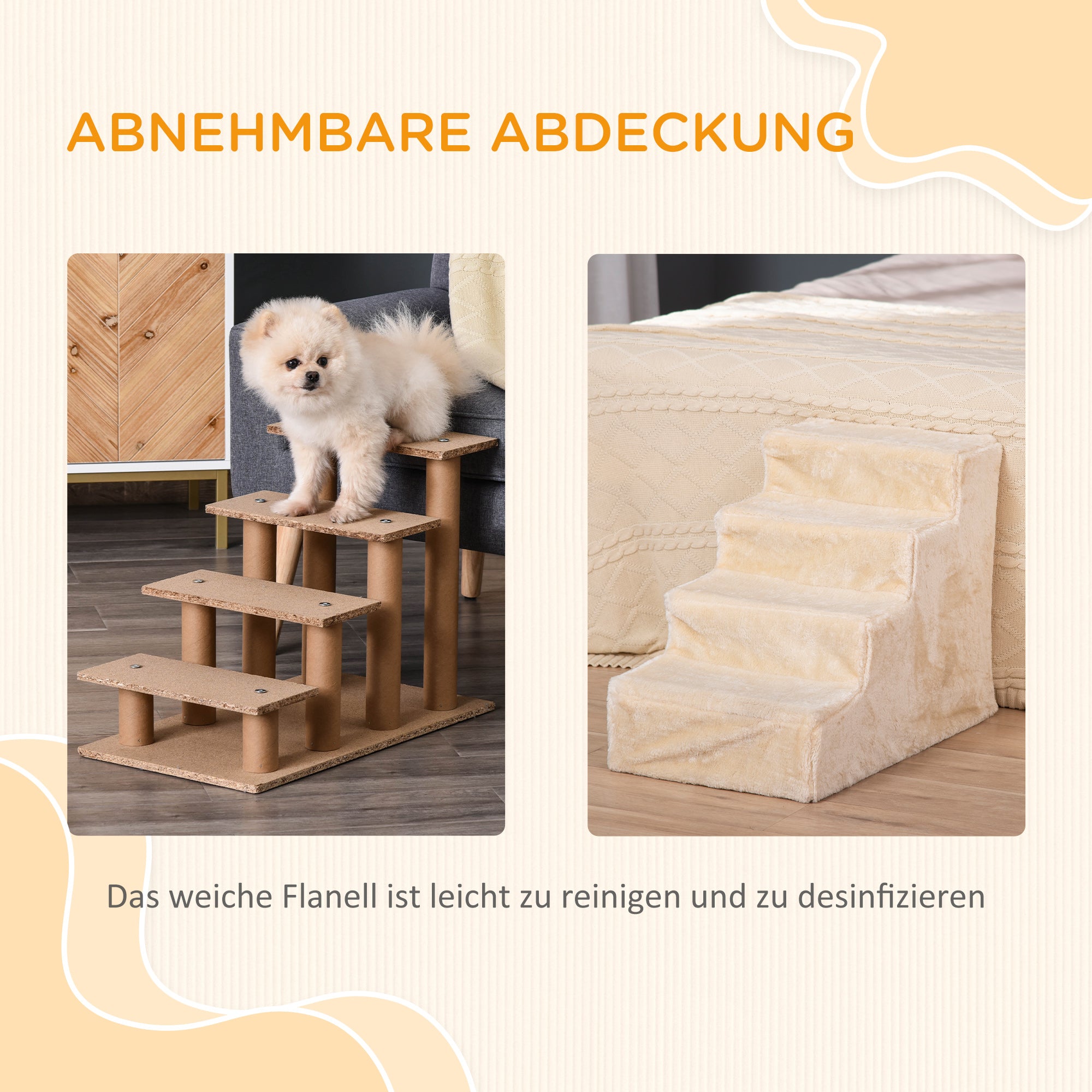 Pet Stairs 4-Step Ramp, Removable Cover, Chipboard Plush Beige