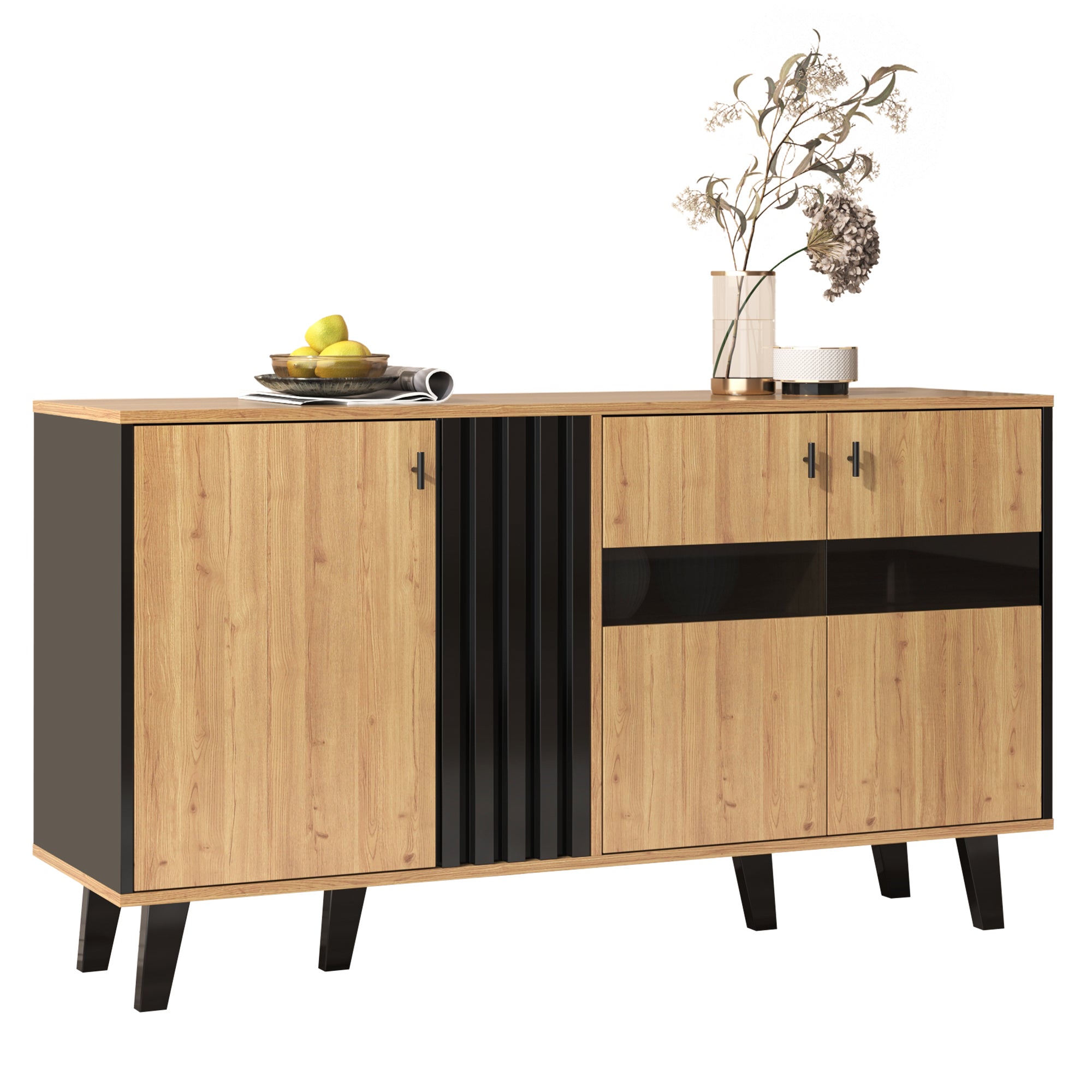 Sideboard with Storage, LED Light, and Glass Cabinet, Wood and Black
