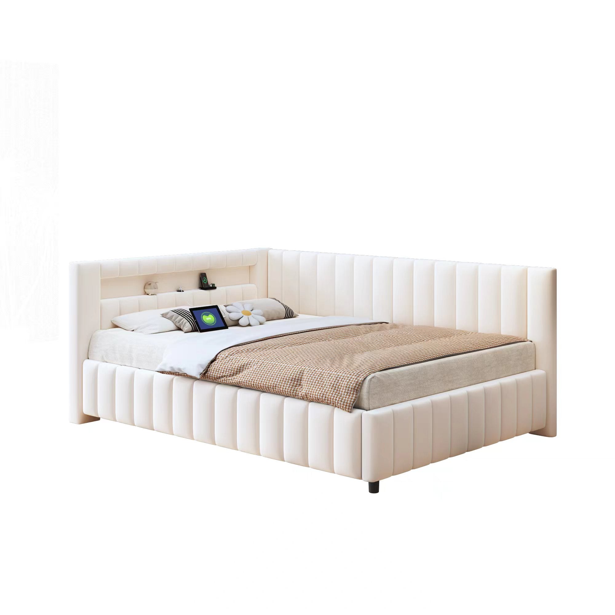 Upholstered Sofa Bed 140x200 with LED & USB Charging Port, Velvet Beige