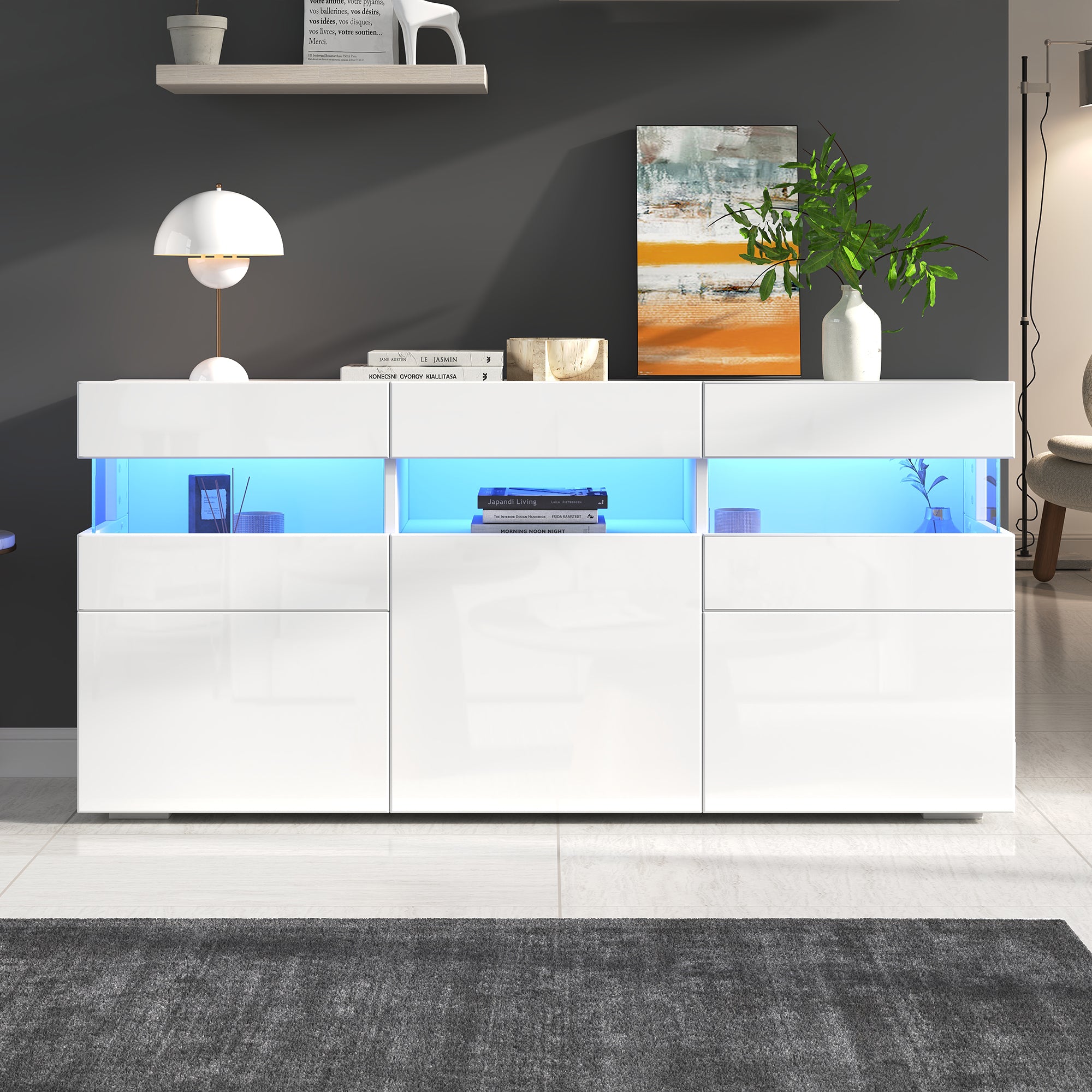 Living Room Sideboard 3-Door Cabinet LED Light Acrylic High-Gloss White