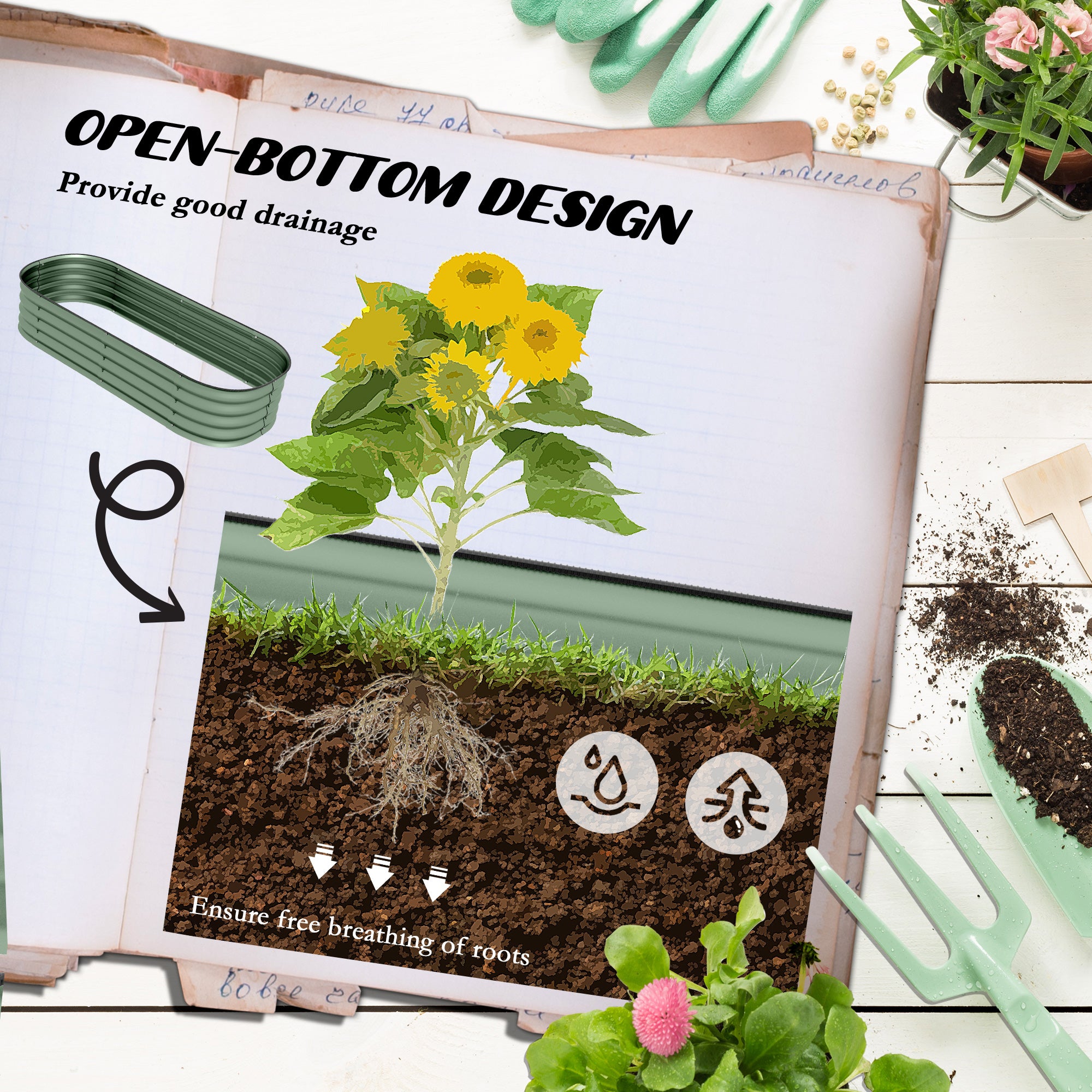 Galvanised Raised Garden Bed, Metal Planter Box with Safety Edging, Green