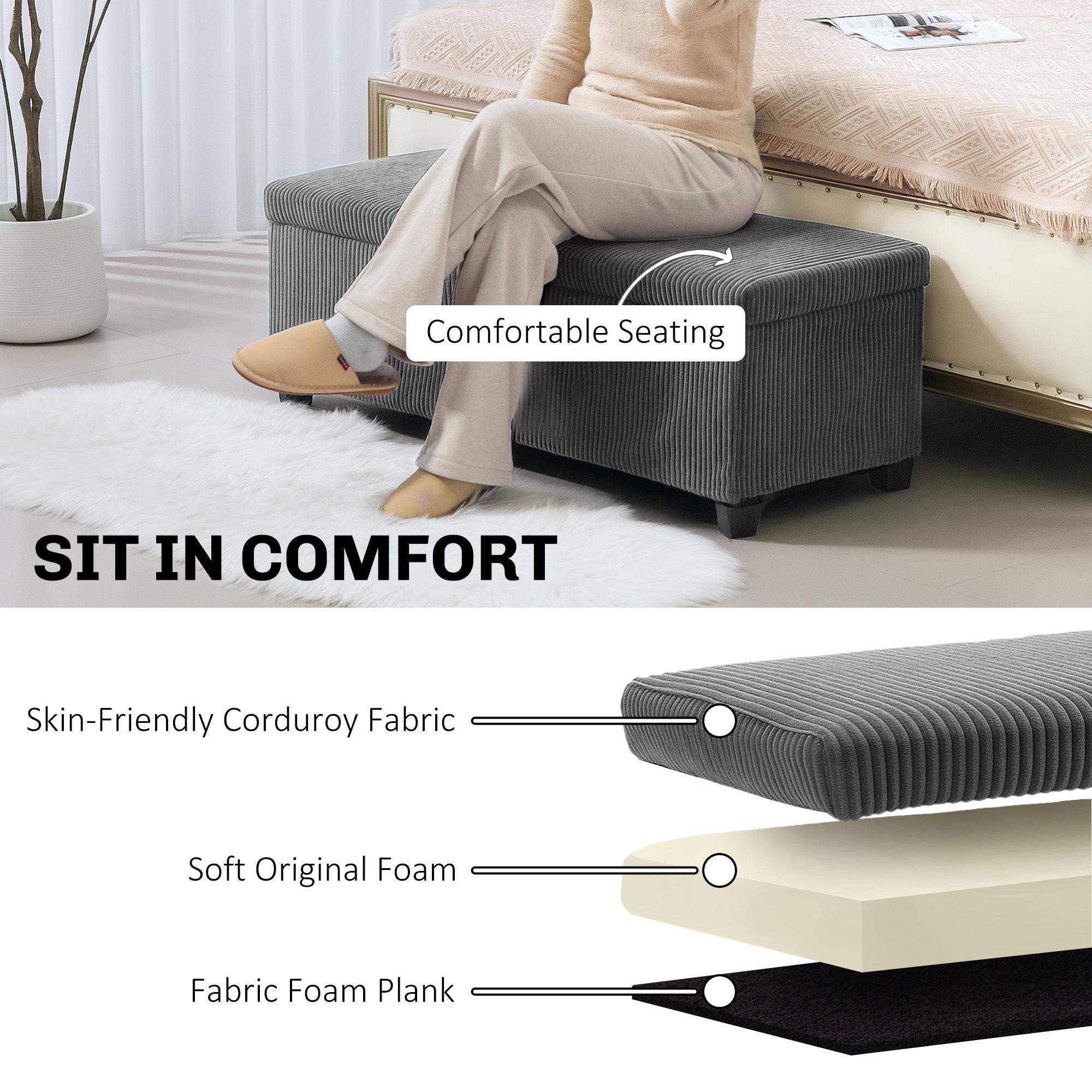 Storage Ottoman Bench 112cm Removable Lid Corduroy Grey