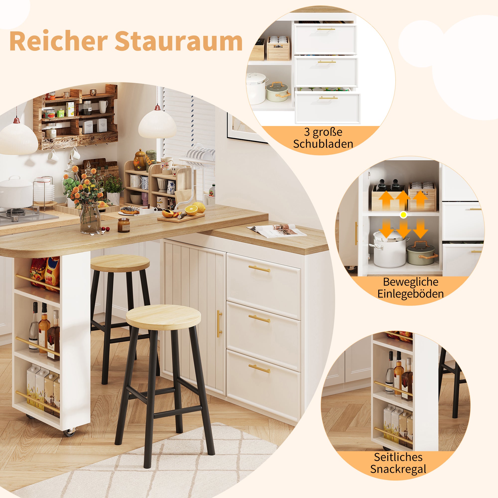 Bar Table with 360° Swivel, 3 Drawers and Storage Shelves, White