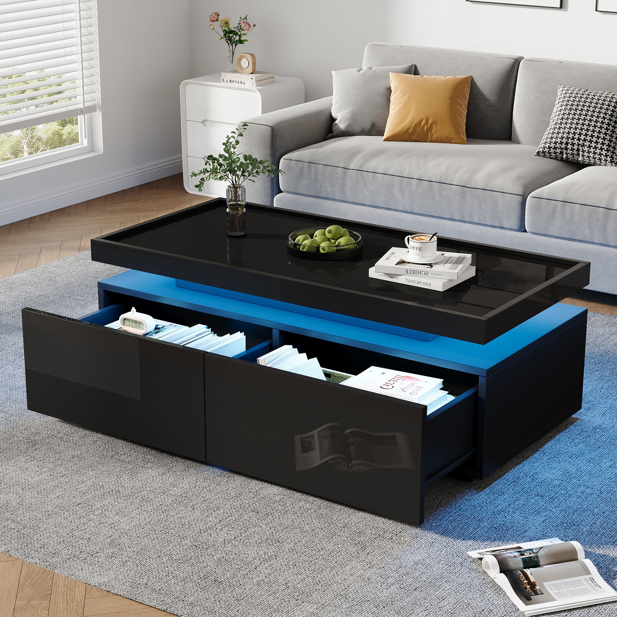 Coffee Table 95x45x35cm, LED, 2 Drawers, High-Gloss, Black
