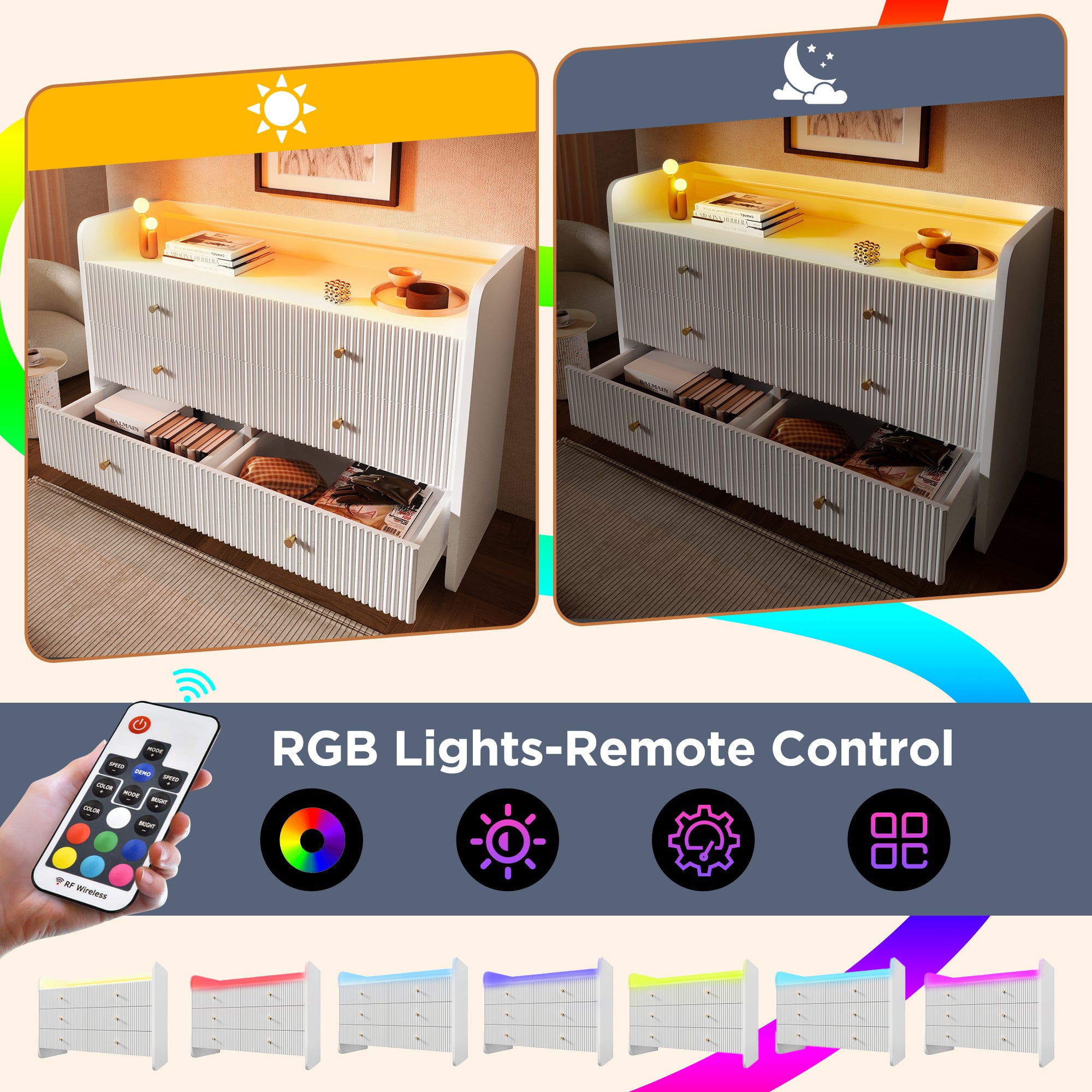 Fluted 6-Drawer Sideboard with RGB LED Lighting & Shelves, White