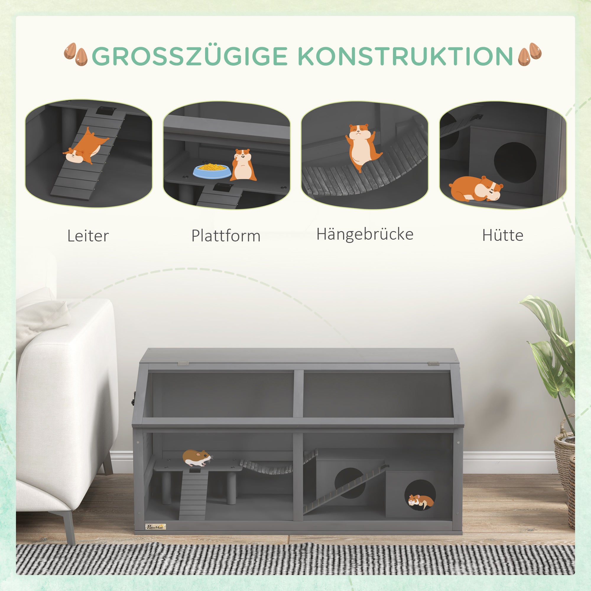 Hamster Cage, 100cm Rodent House with Playhouse & Ladders, Wooden Dark Grey