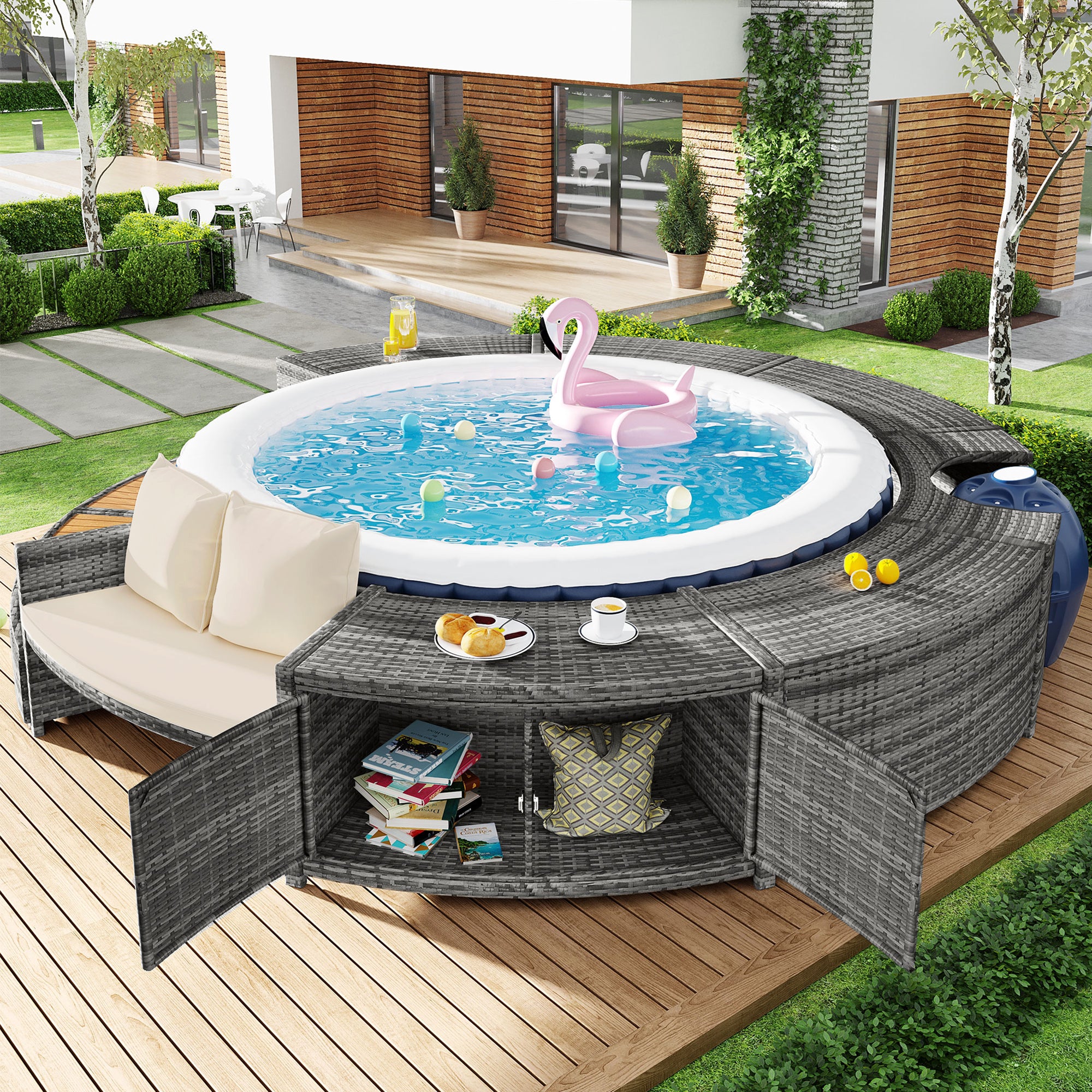 Garden Lounge Set with Round Couch, Adjustable Feet, Cushions