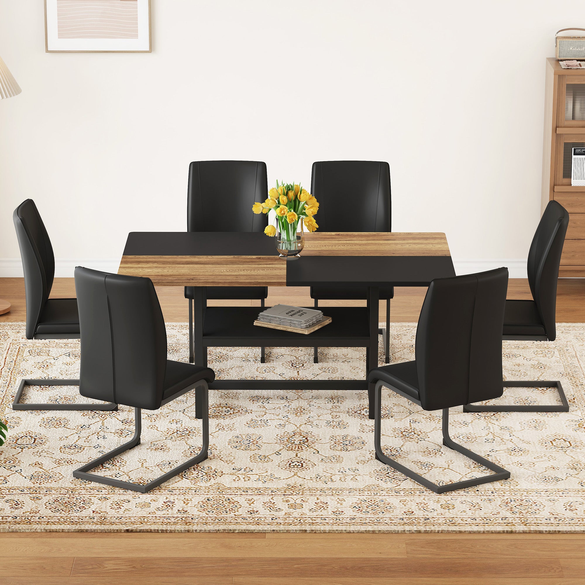 Table Set, Rectangular Dining Table, Multifunctional Shelf, 6 Armchairs, 160x90x76 cm, Black Faux Leather