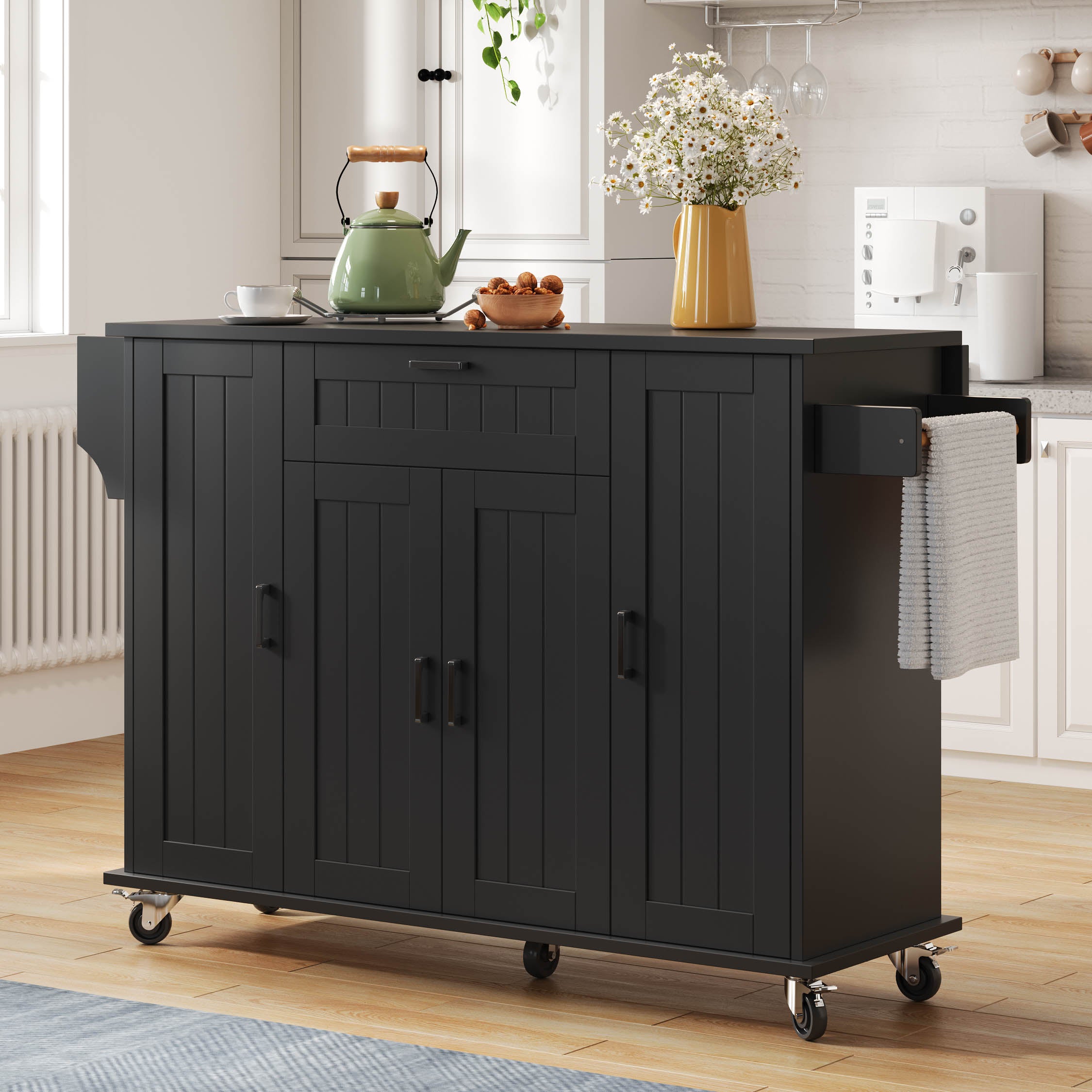 Mobile Kitchen Island with Folding Worktop and Storage Cabinet 4 Doors Black