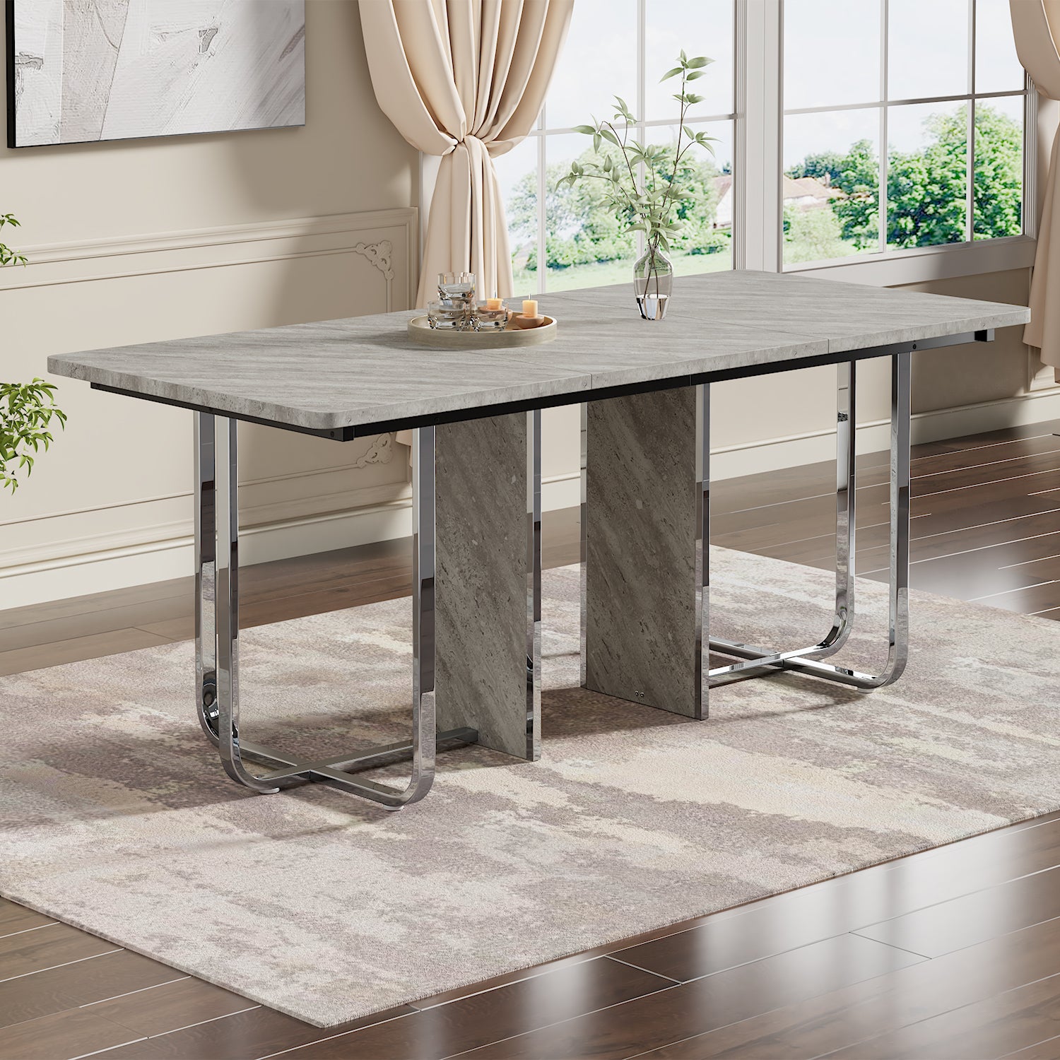 Dining Table 180x80cm Rectangular 6-Seater Metal Legs - Grey/Silver