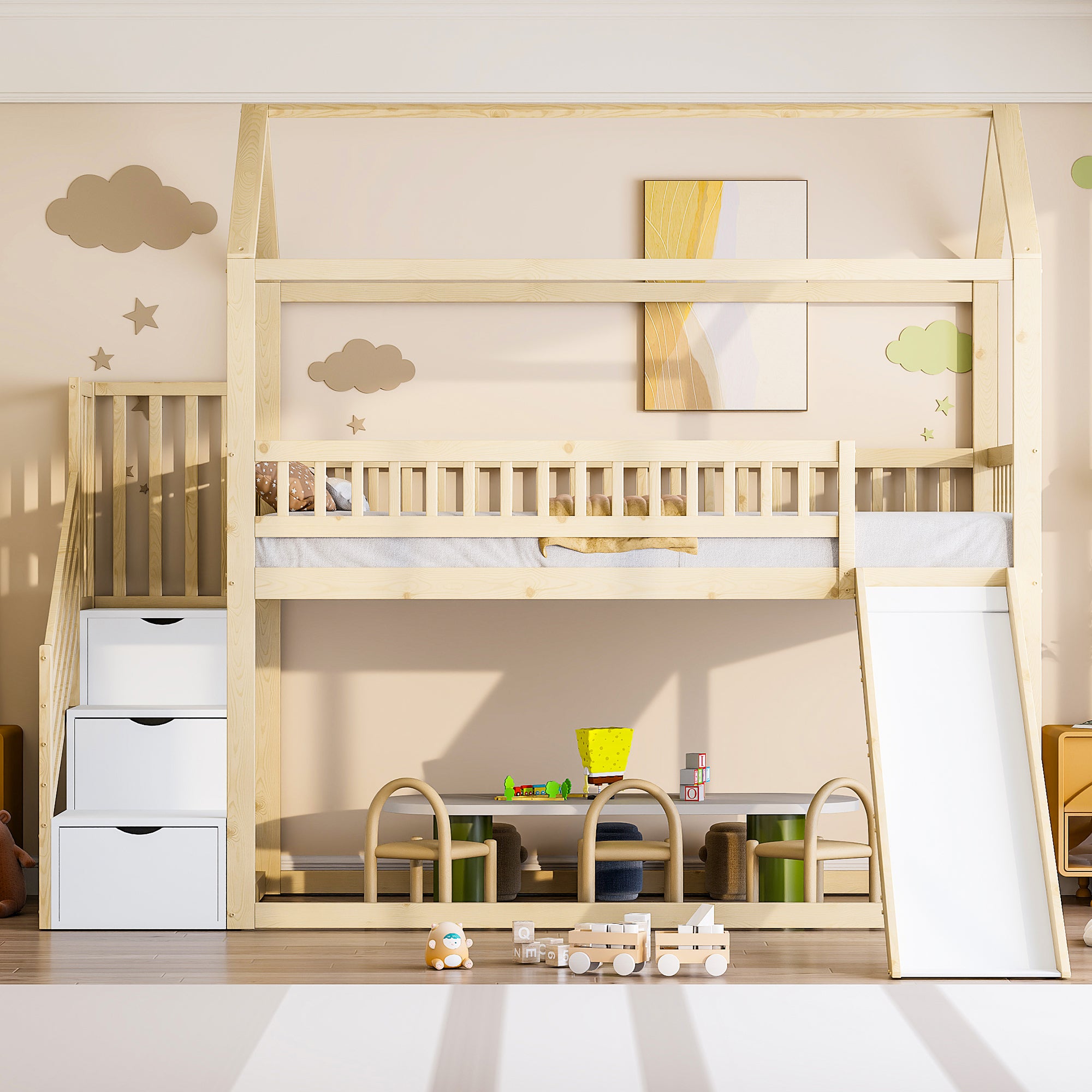 Children's Bunk Bed 90x200cm, Loft with Slide & Storage Ladder, Solid Wood