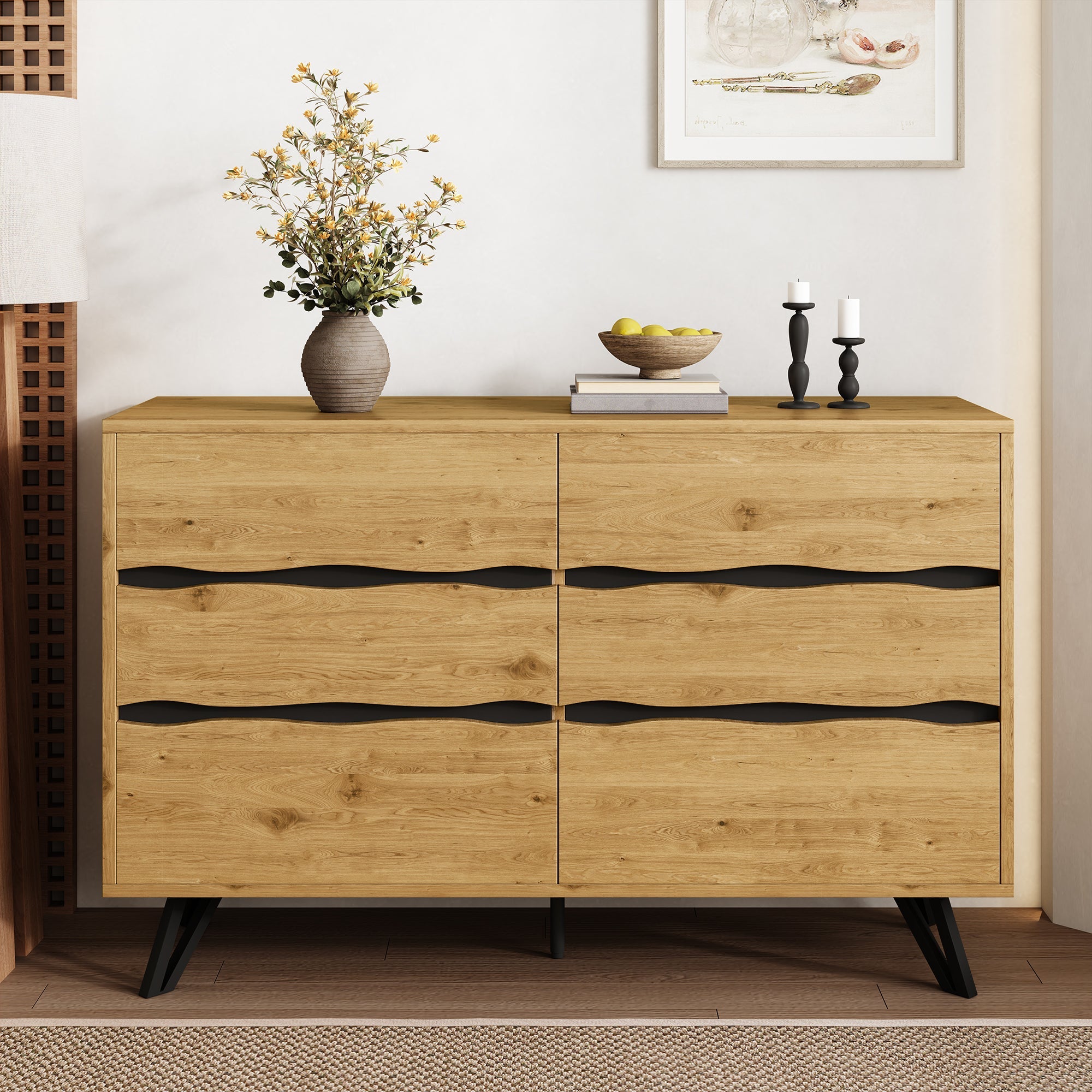 Modern sideboard cabinet with 6 drawers, wood look
