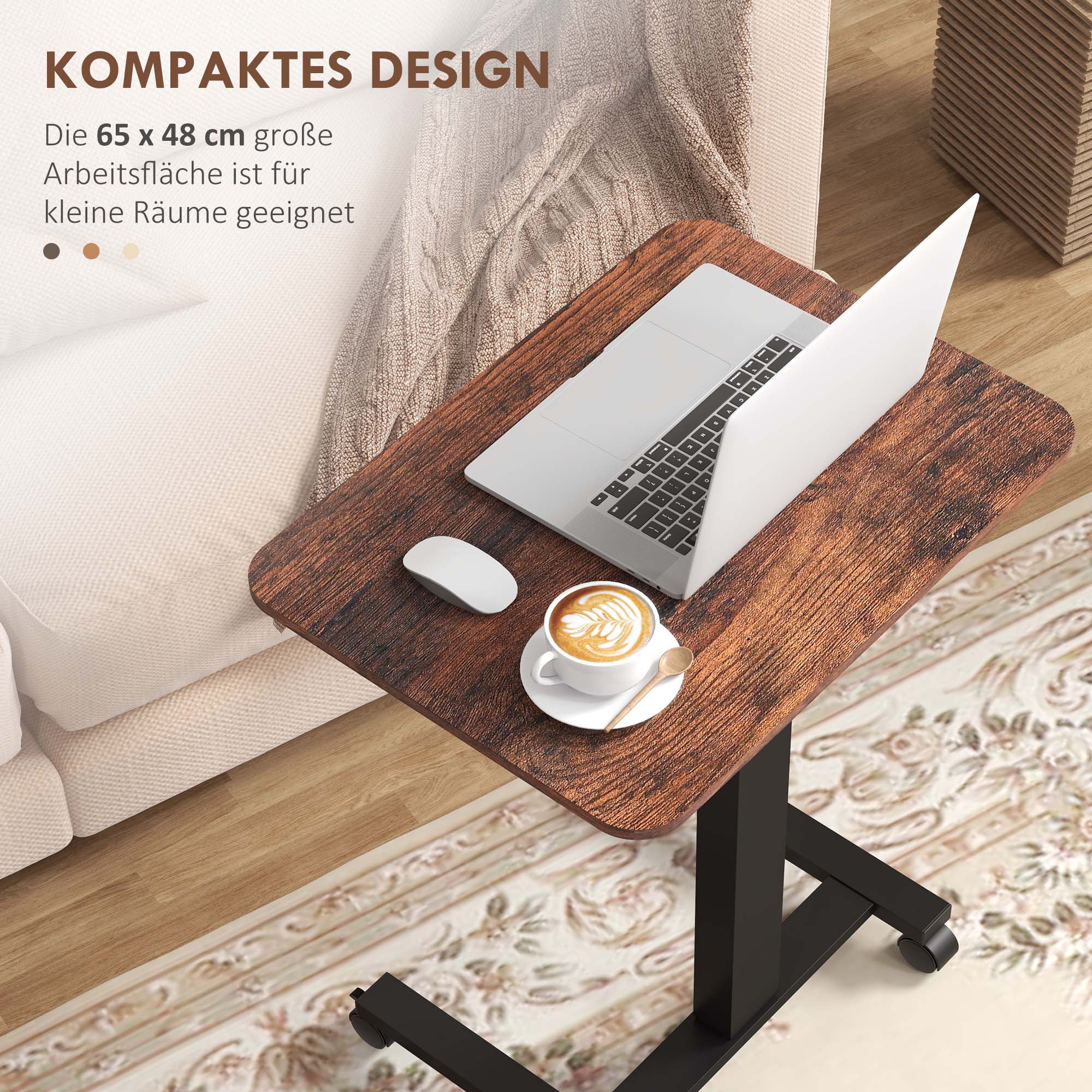 Height-Adjustable Laptop Table, 4 Casters, Hand Crank, Rustic Brown Chipboard