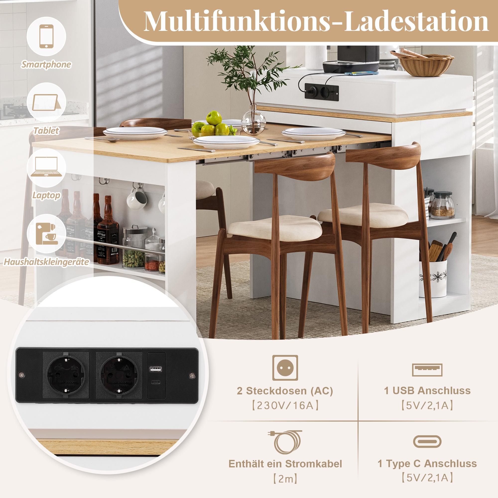 Kitchen Island with Wheels, Extendable Folding Tabletop, Power Strips & Hooks - White