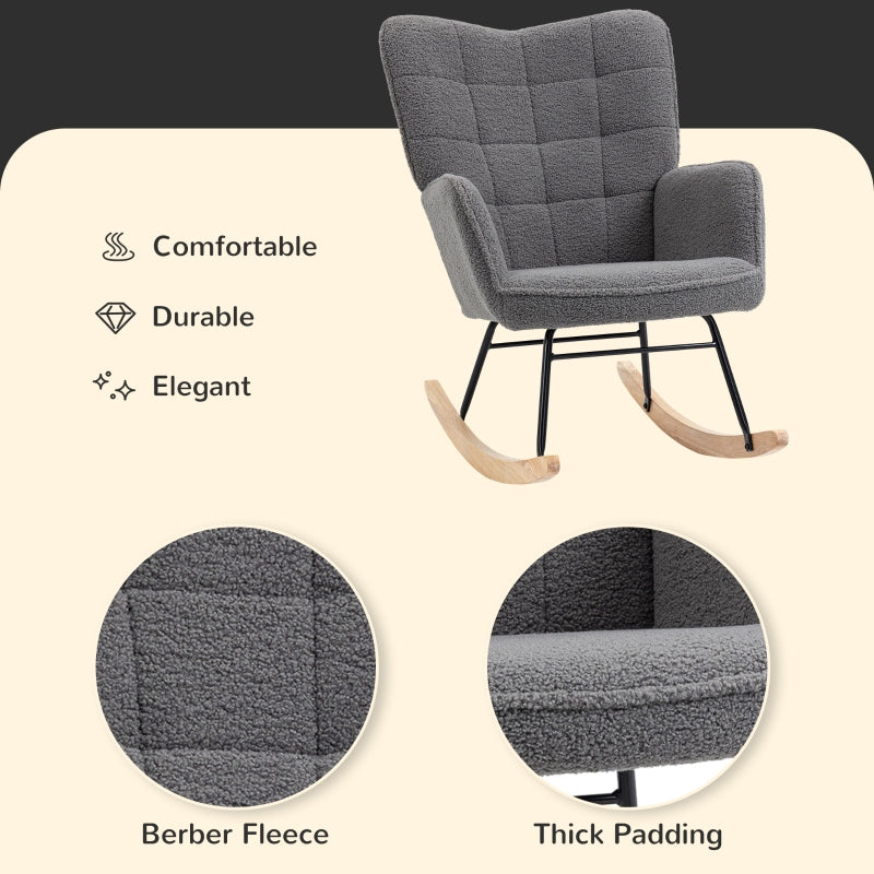 Berber Fleece Glider Rocker, Nursing Wingback Rocking Chair, Dark Grey