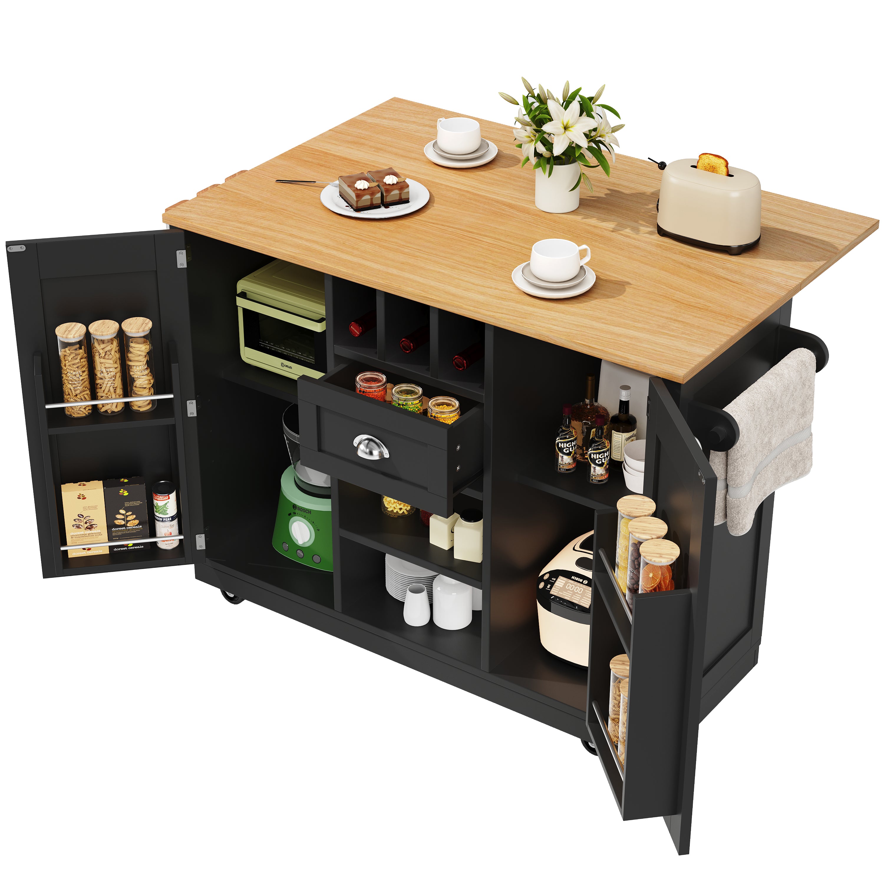 Kitchen Island Dining Trolley with Wine Rack and Casters, Black Wood Grain