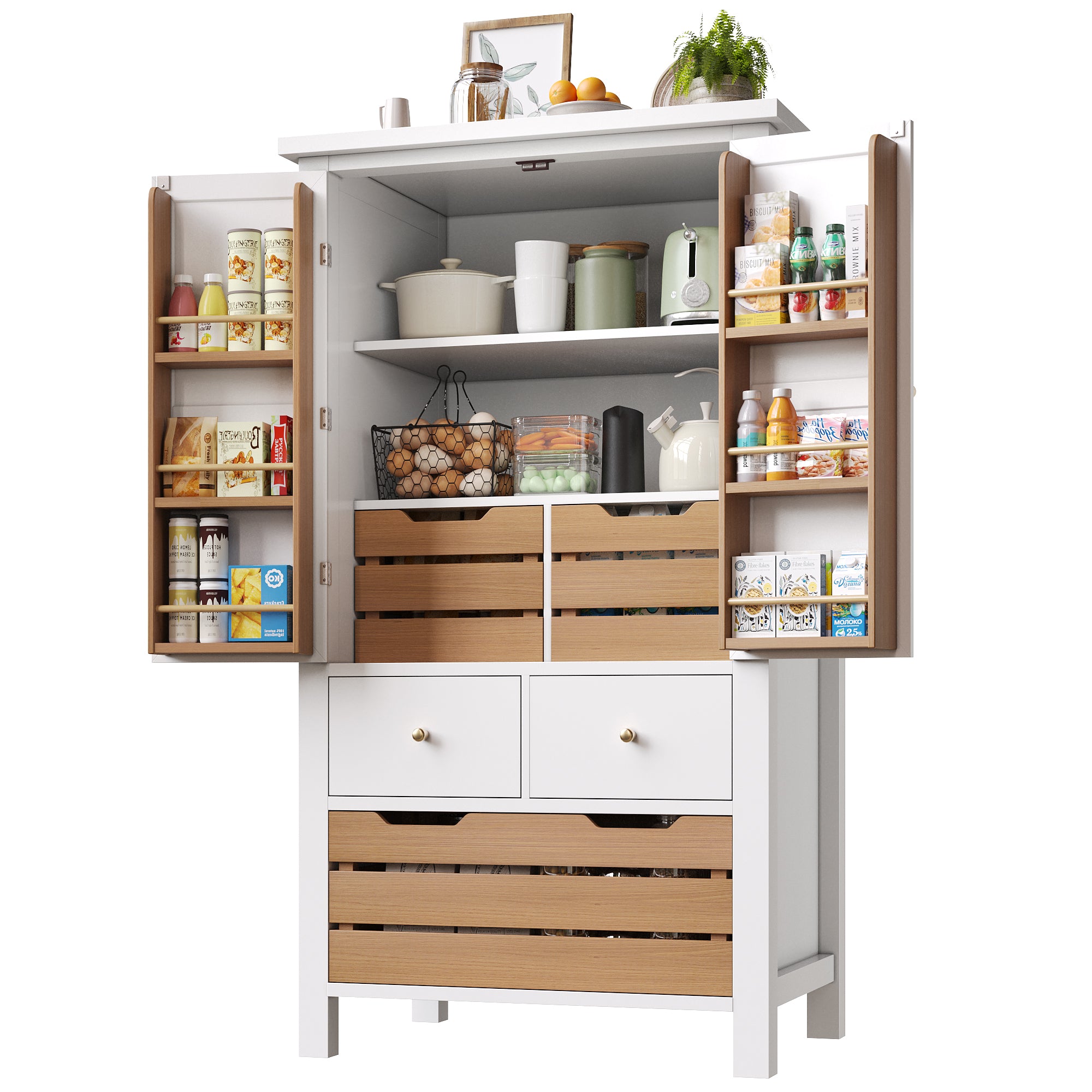 Tall Kitchen Cabinet Buffet 80x140cm Multi-Purpose Storage with 2 Doors & 5 Drawers Black/White