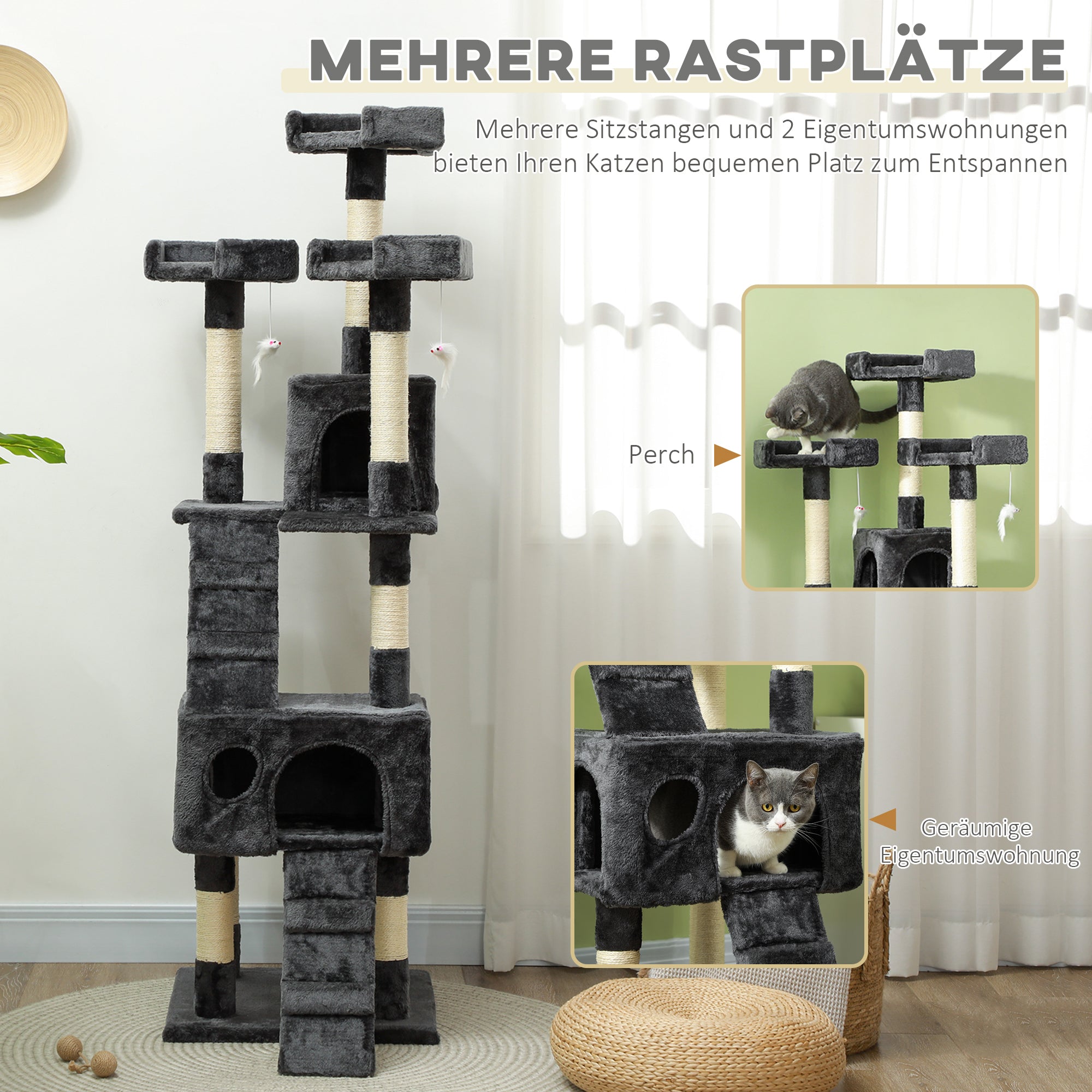 XXL Cat Tree Multi-Level with Cat Cave, Ladder, 50x50x170cm, Grey