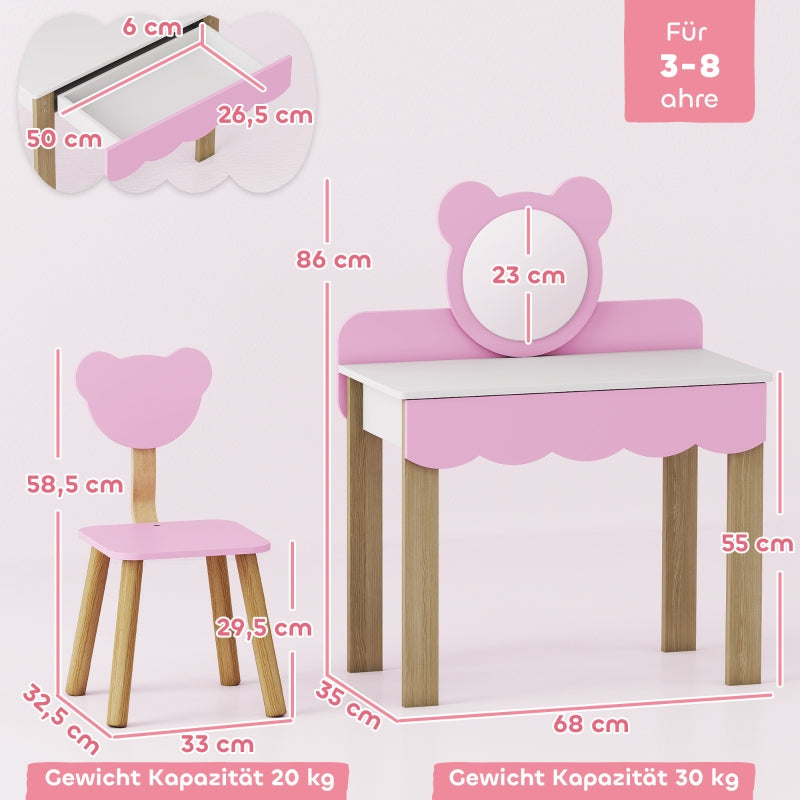 AIYAPLAY Dressing Table Set with Stool, Makeup Mirror, Bear Shape, MDF, Pink