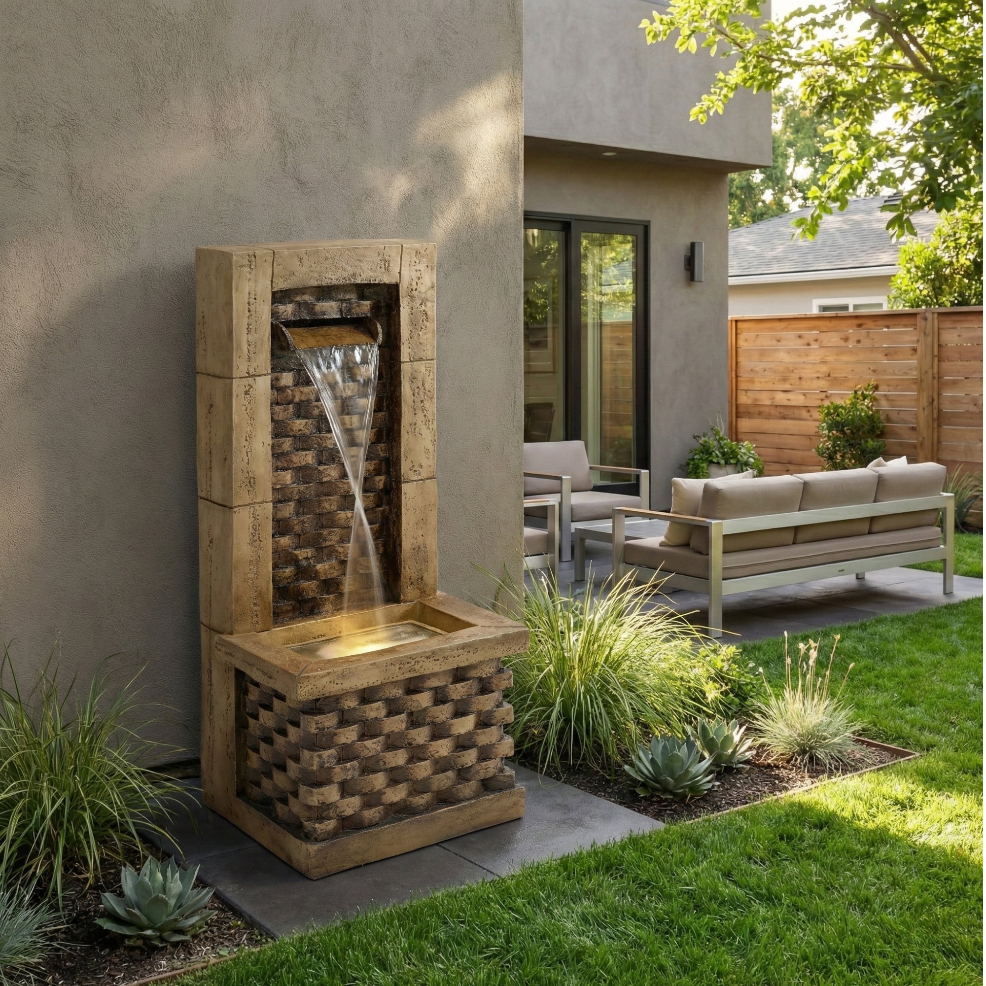 Garden Fountain with 230V Waterfall and Square Door Design, Antique Style