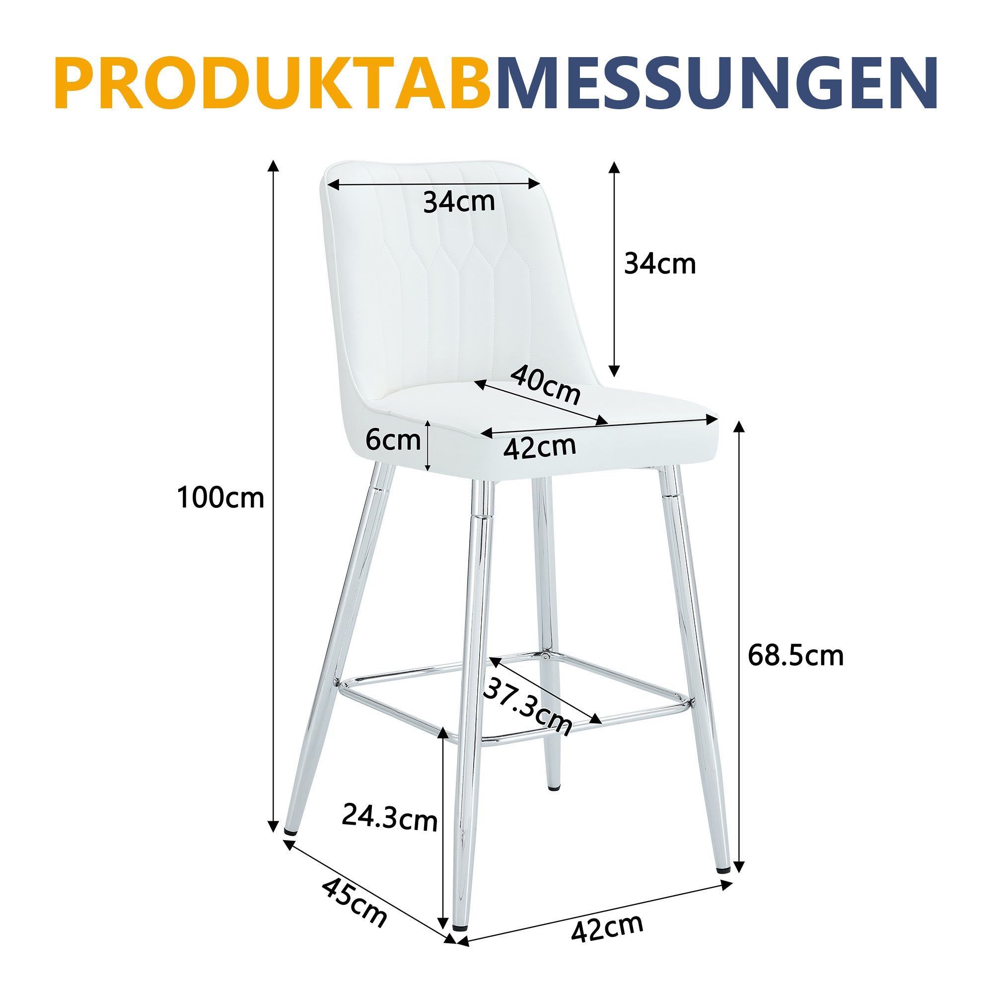Set of 2 Bar Stools, 100cm High with Footrest, White PU Leather