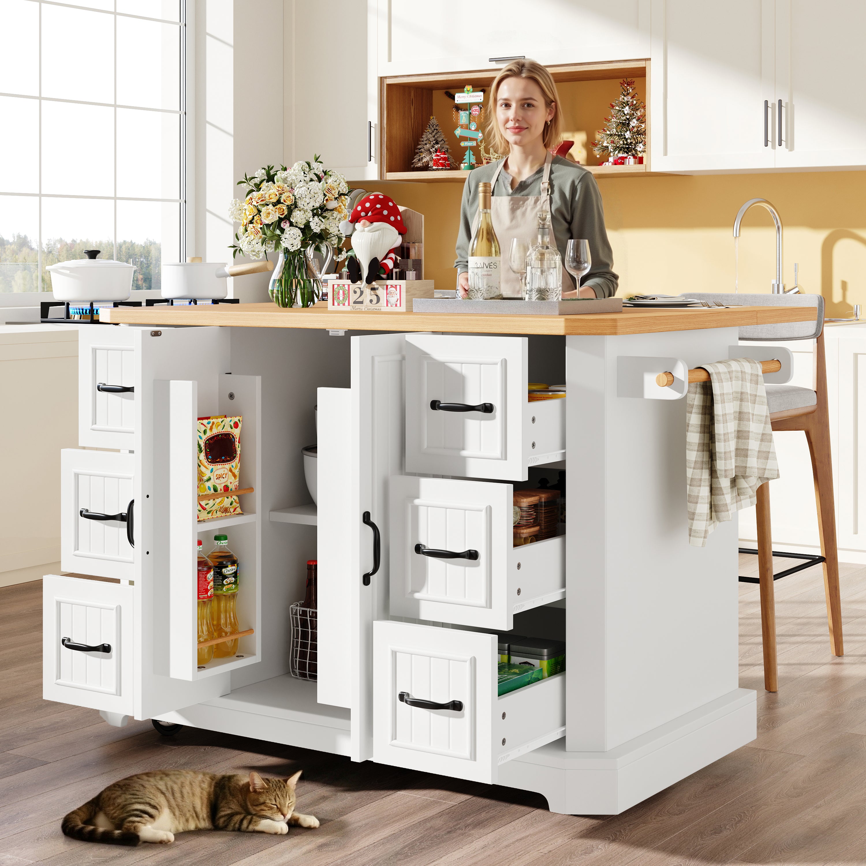 Mobile Kitchen Island with 2 Doors and 6 Drawers, White and Black