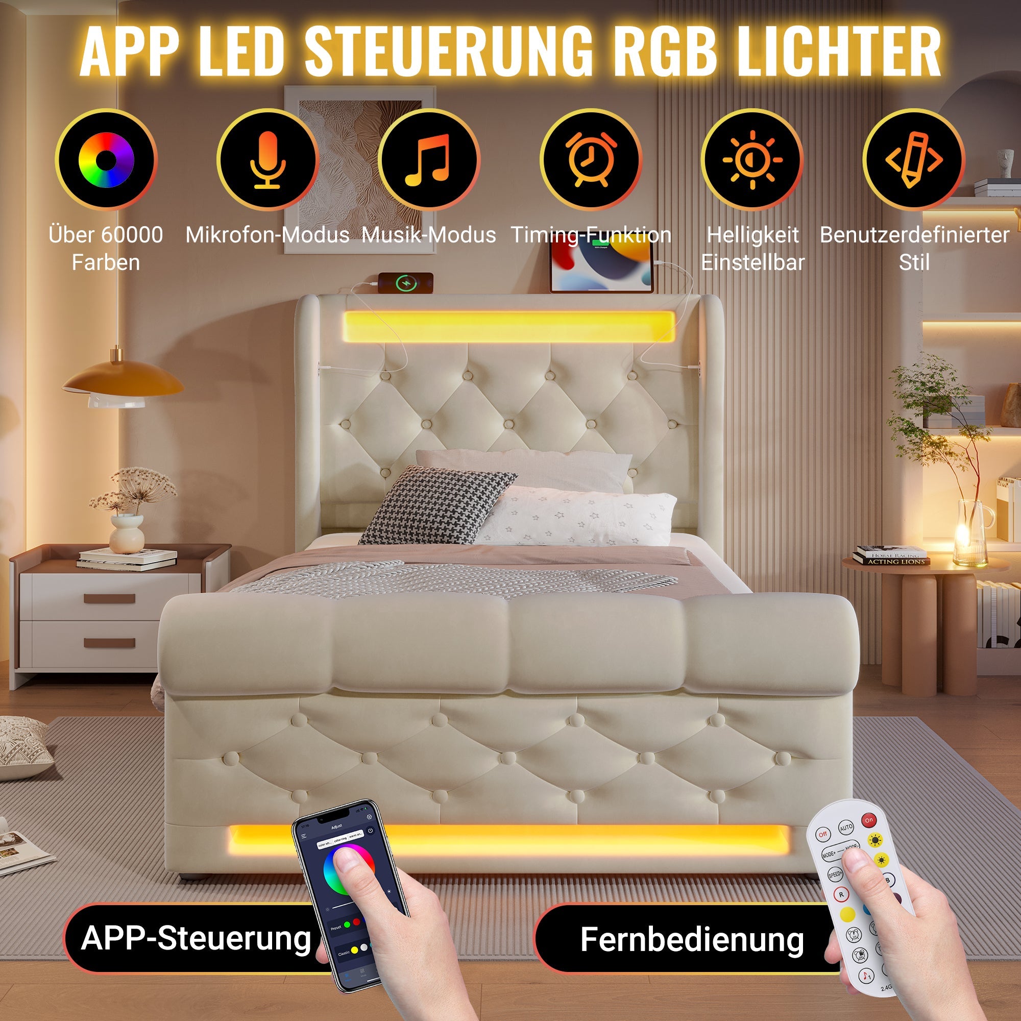 Modern Upholstered Single Bed 90x200cm, LED Lights, Storage Headboard with USB and Type-C, Hydraulic Storage, Beige Velvet