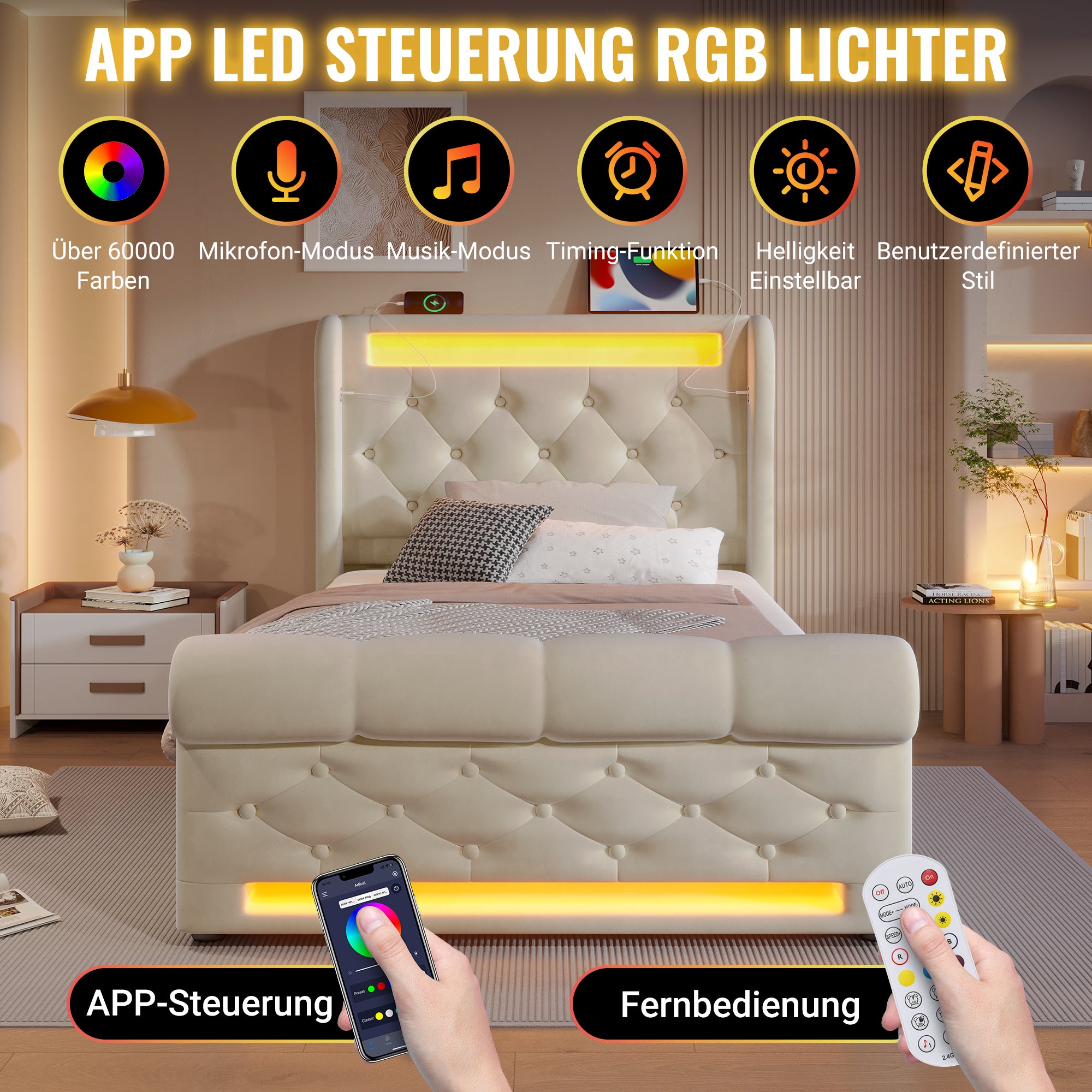 Upholstered Single Bed 90x200cm LED Headboard USB Type-C Hydraulic Storage, Beige Velvet