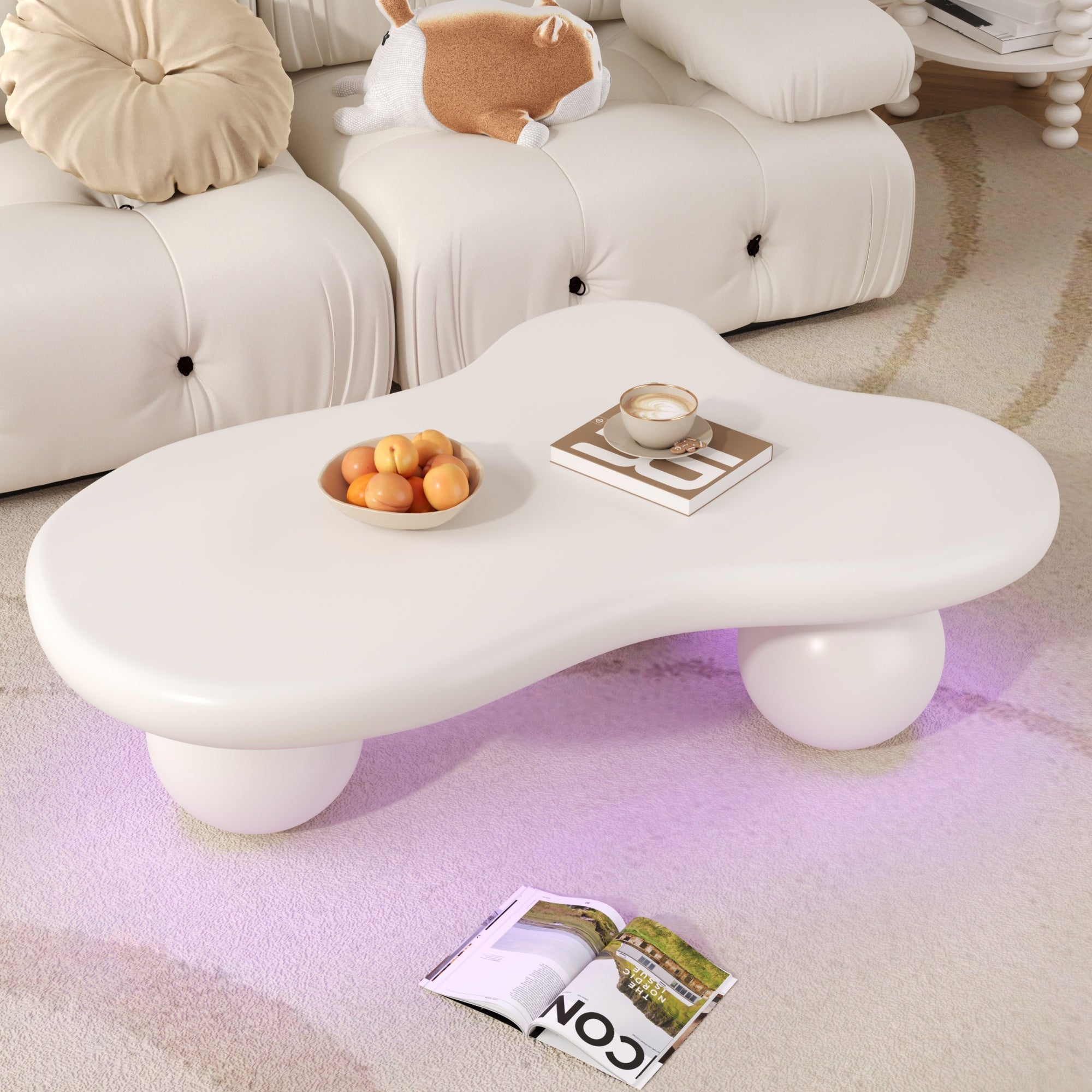 Cloud Coffee Table, LED Lighting 16 Colors Round Leg Design, White