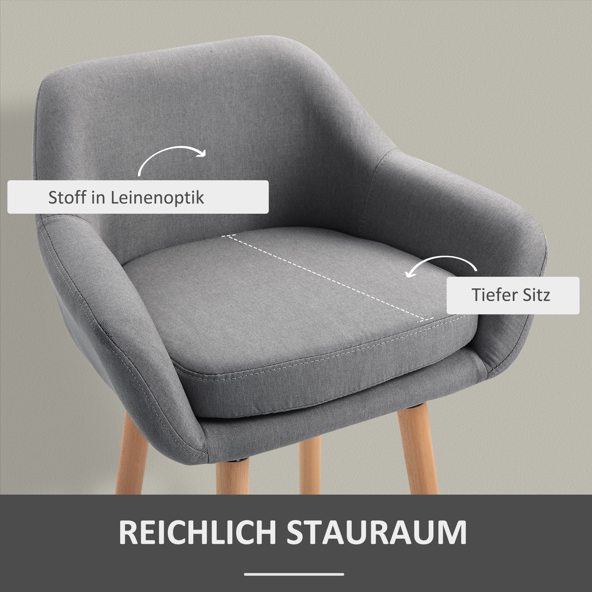 Bar Stools, Set of 2, Seat Cushion, Footrests, Grey Linen