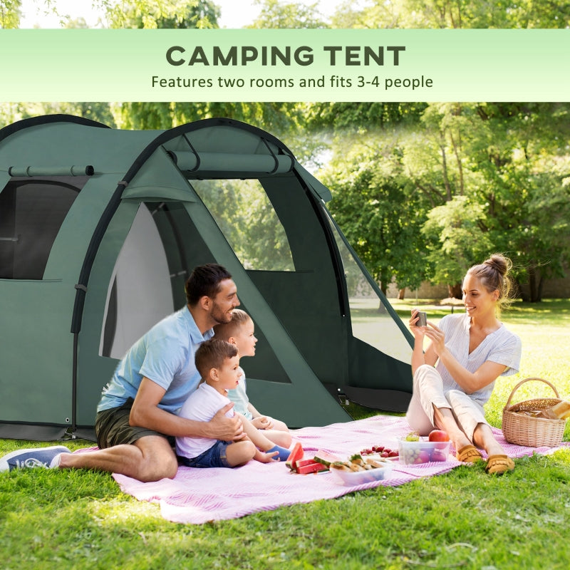 Two Room Tunnel Tent, 3-4 Man Camping with Windows, Green