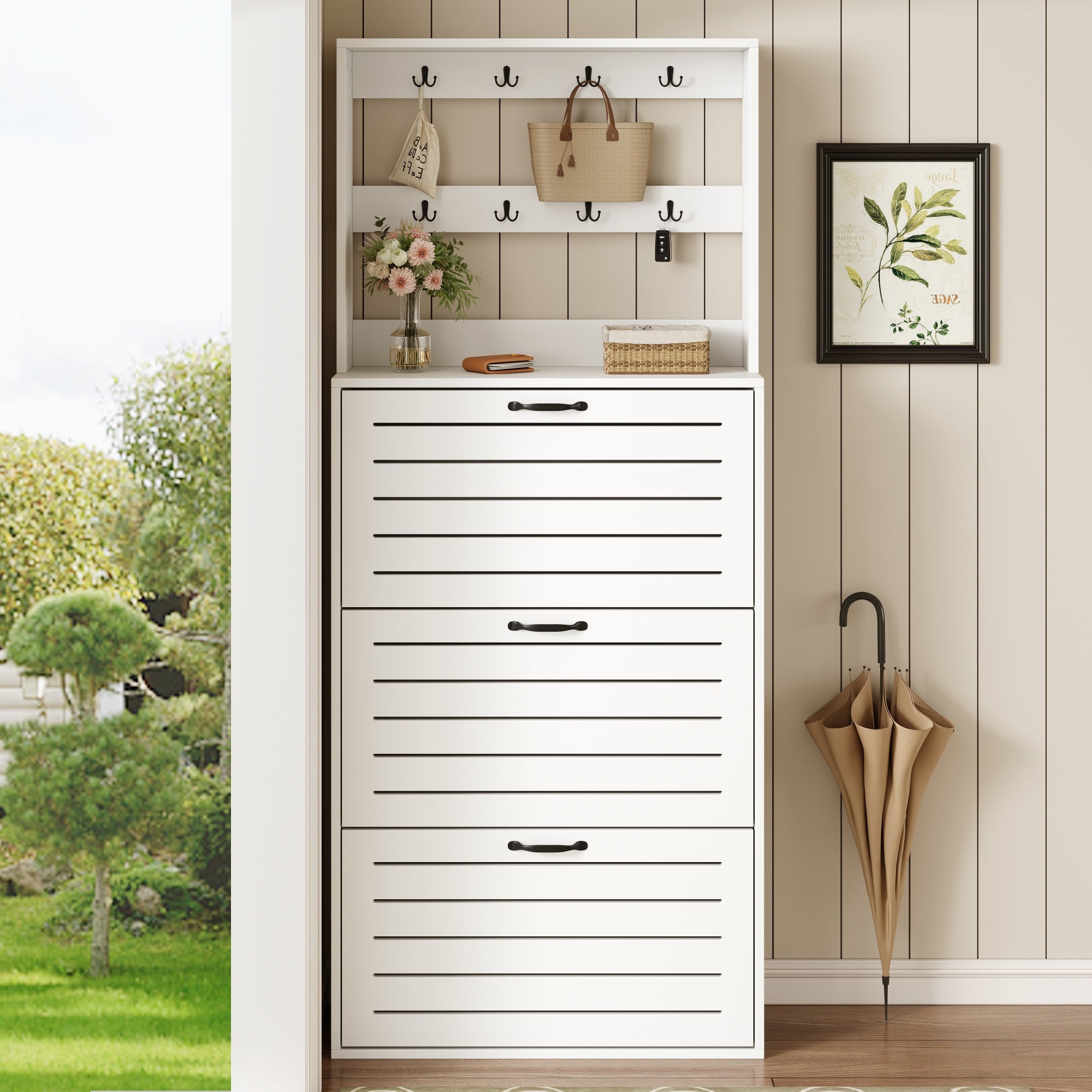 Shoe Cabinet with 3 Doors, Hooks, 15 Pairs Capacity