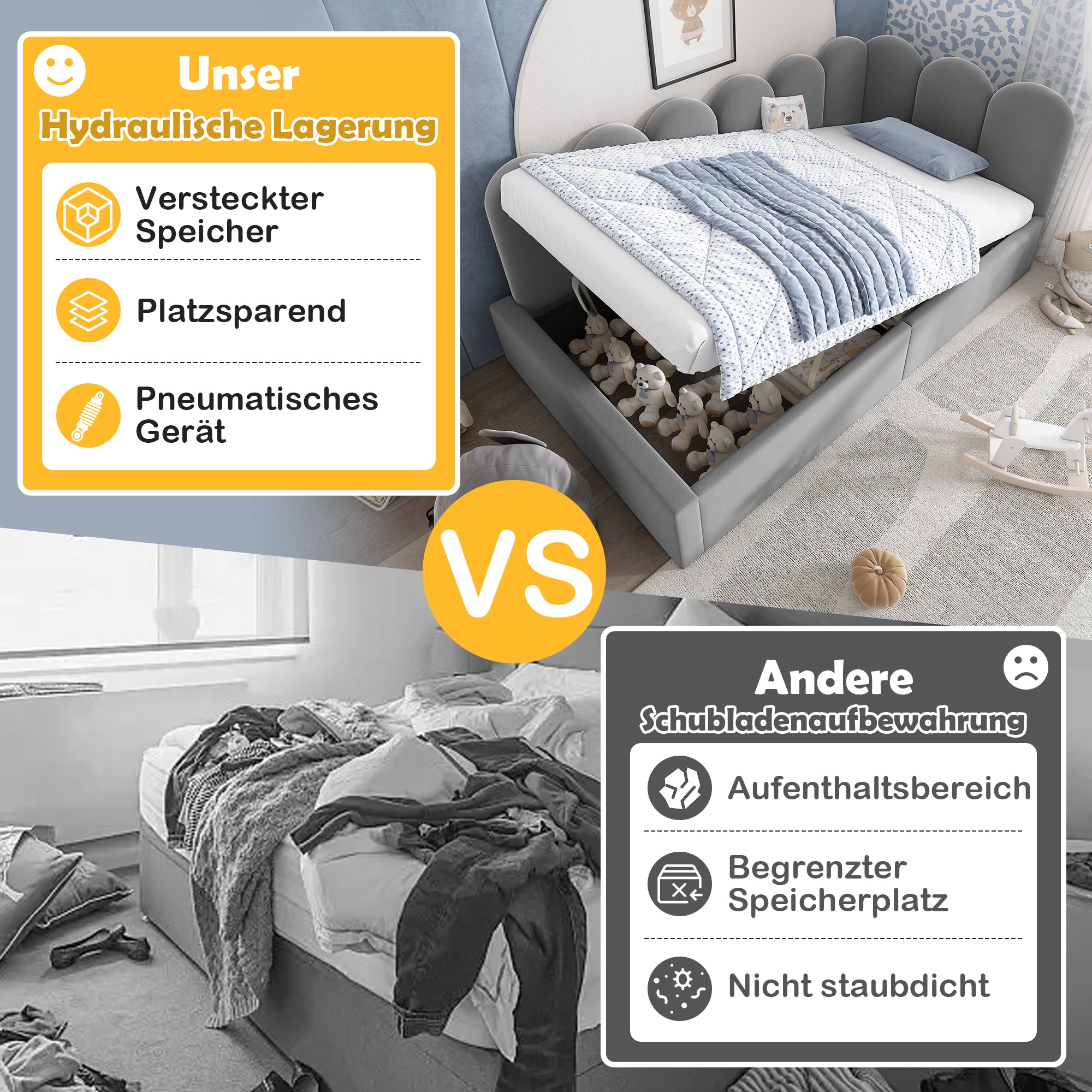 Daybed, Upholstered Sofa Bed with Hydraulic Storage, 90x190 cm, Velvet Gray