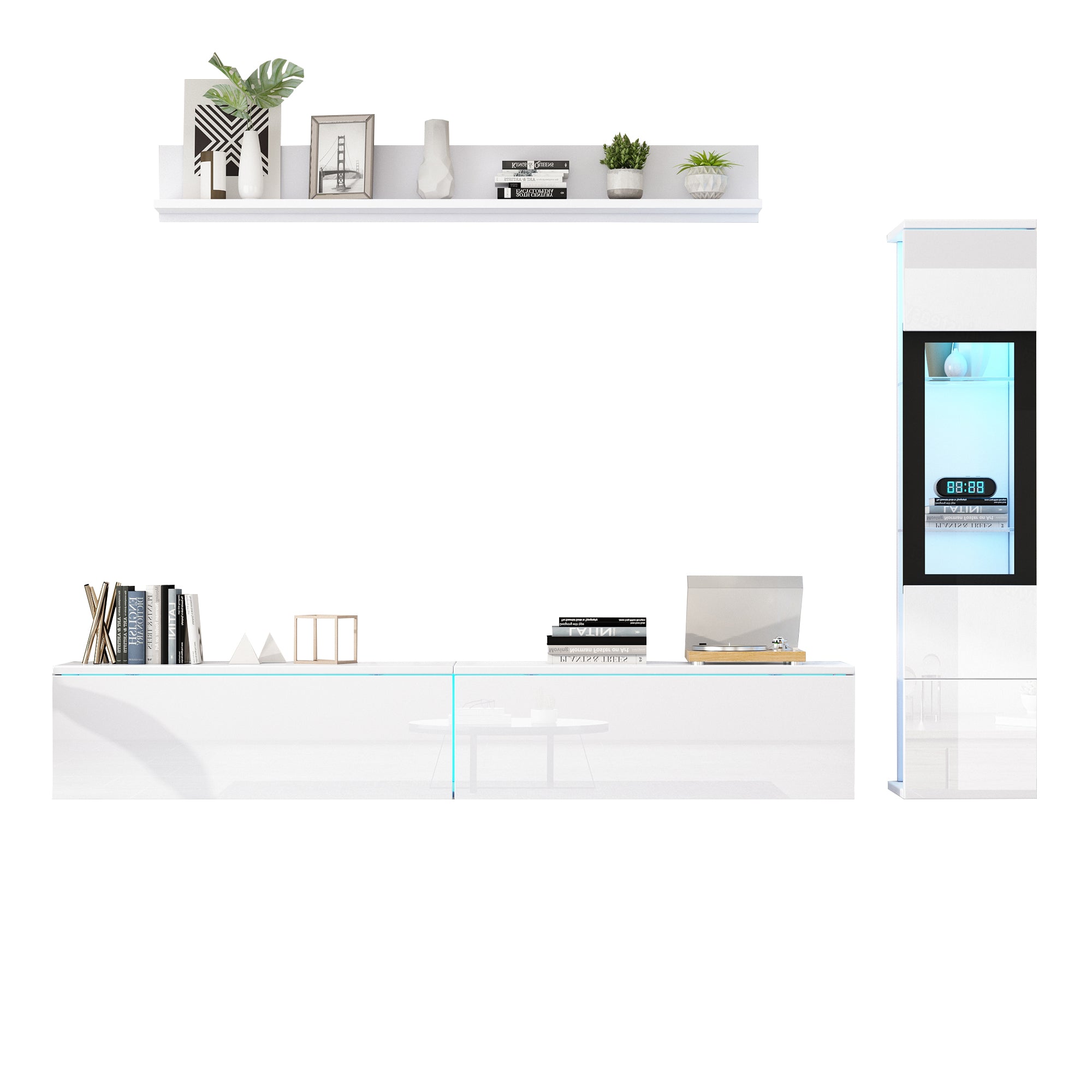 TV Wall Unit Set, 3-Piece LED Lighting, High Gloss White