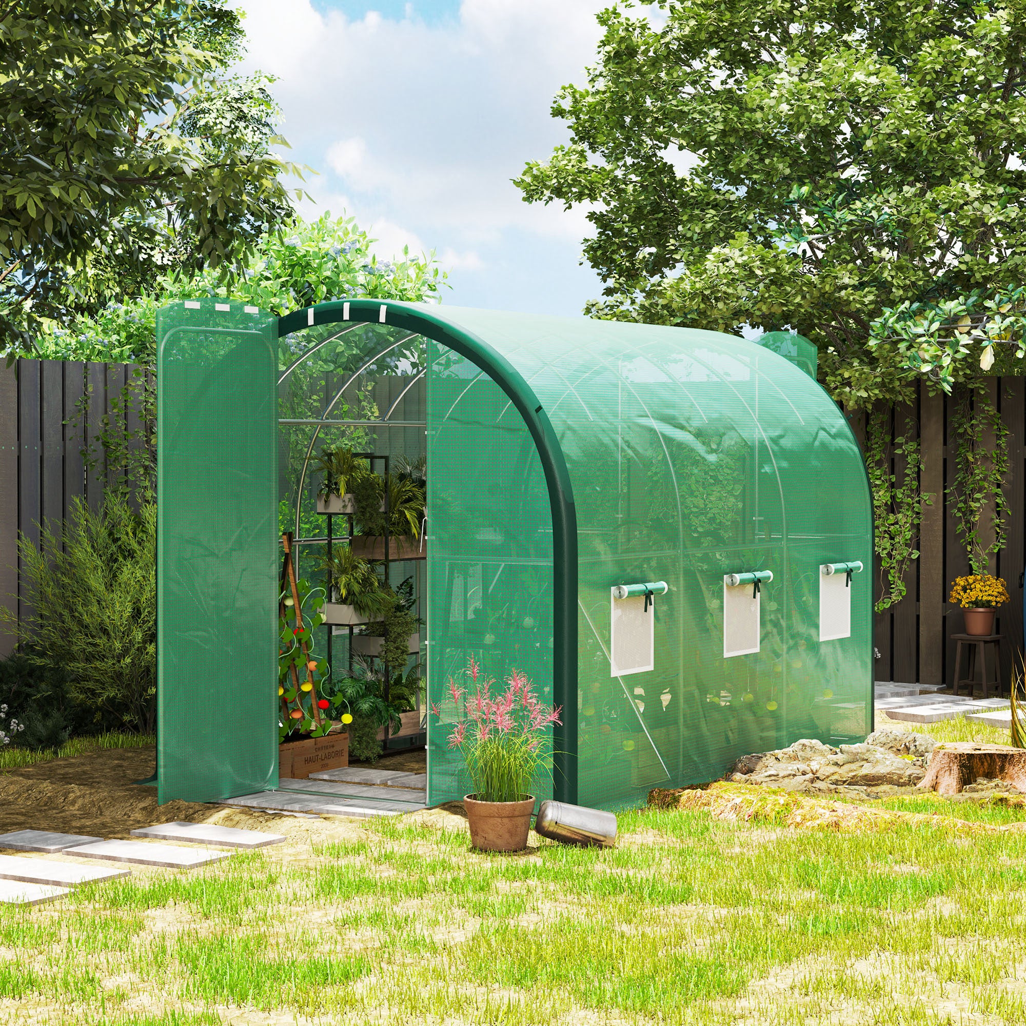 Polytunnel Greenhouse, 3 x 2(m) with Windows and Doors - Green