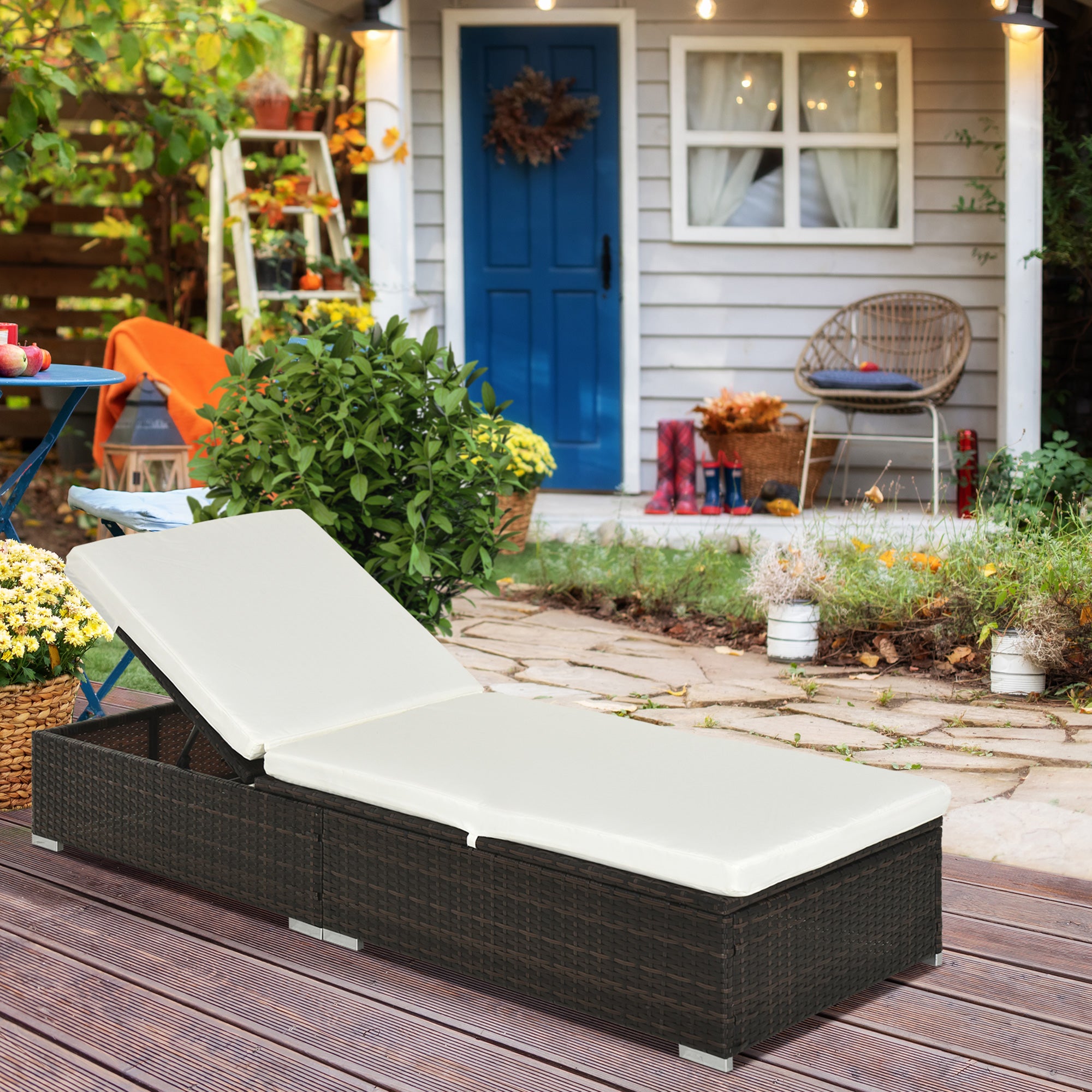 PE Rattan Sun Lounger, Five-level Adjustable Recliner with Padded Cushion, Mixed Brown